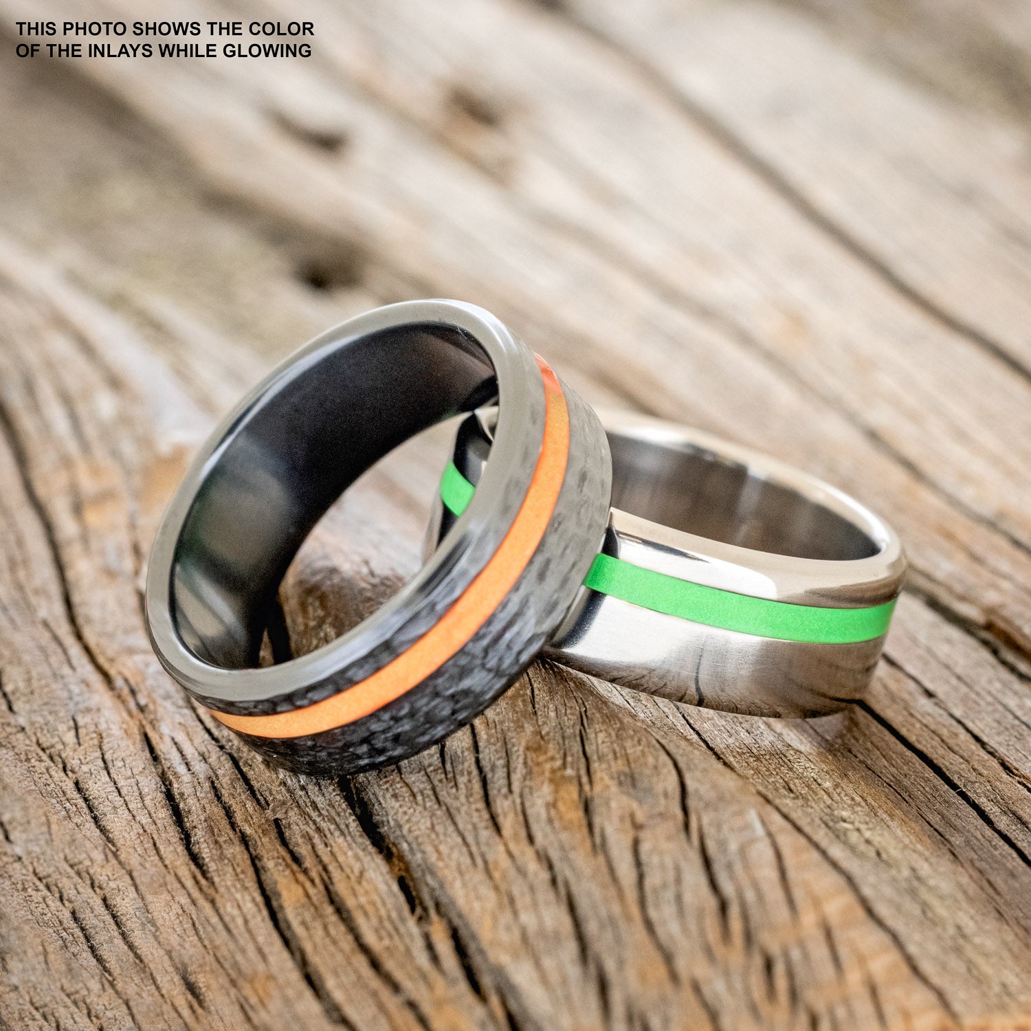 "VERTIGO" - GREEN GLOW IN THE DARK INLAY WEDDING BAND-8
