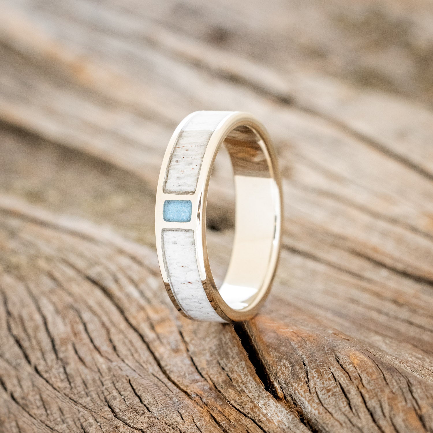 "CASPIAN" - MATCHING SET OF ANTLER & TURQUOISE WEDDING BANDS-12