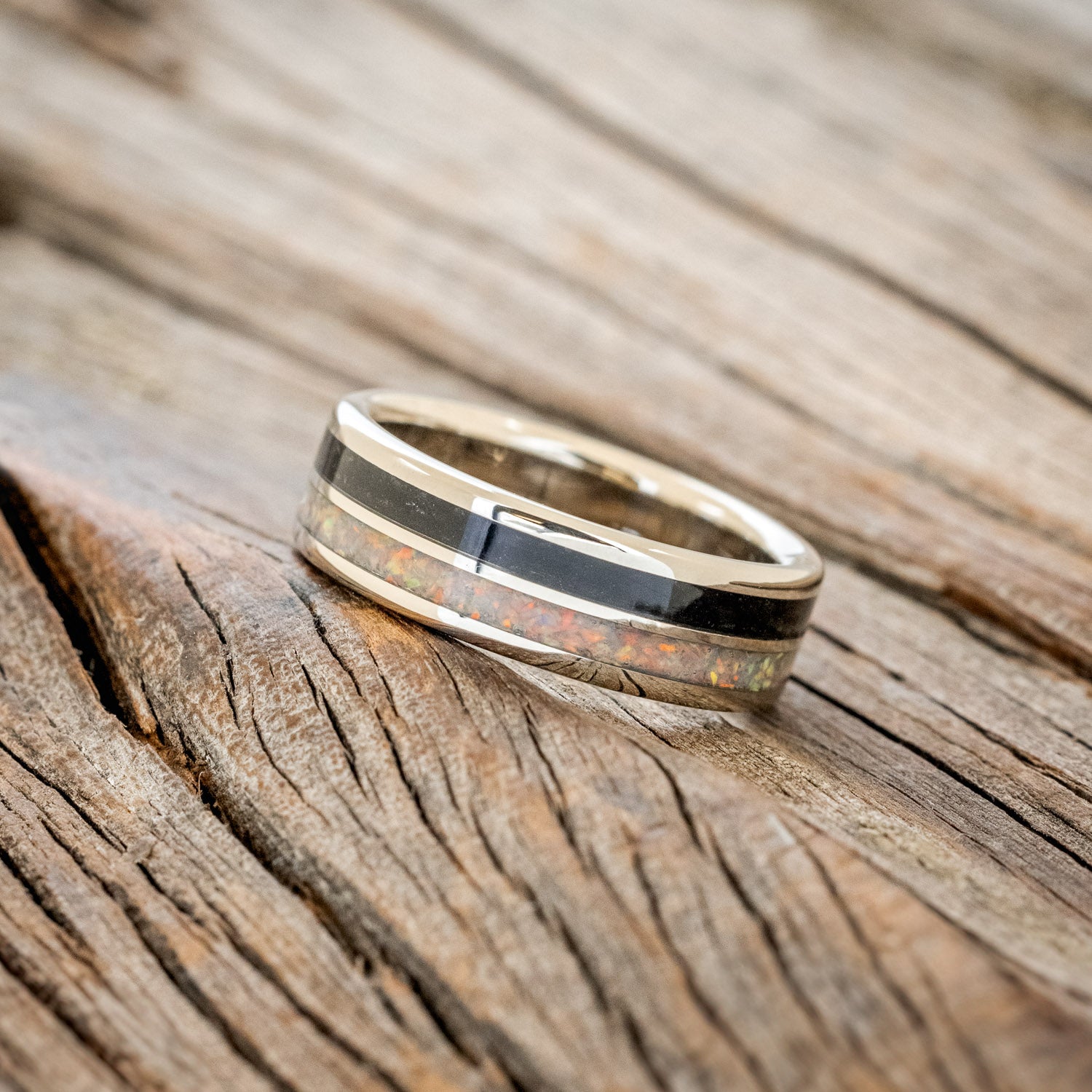 "DYAD" - FIRE AND ICE OPAL & JET STONE WEDDING BAND-2