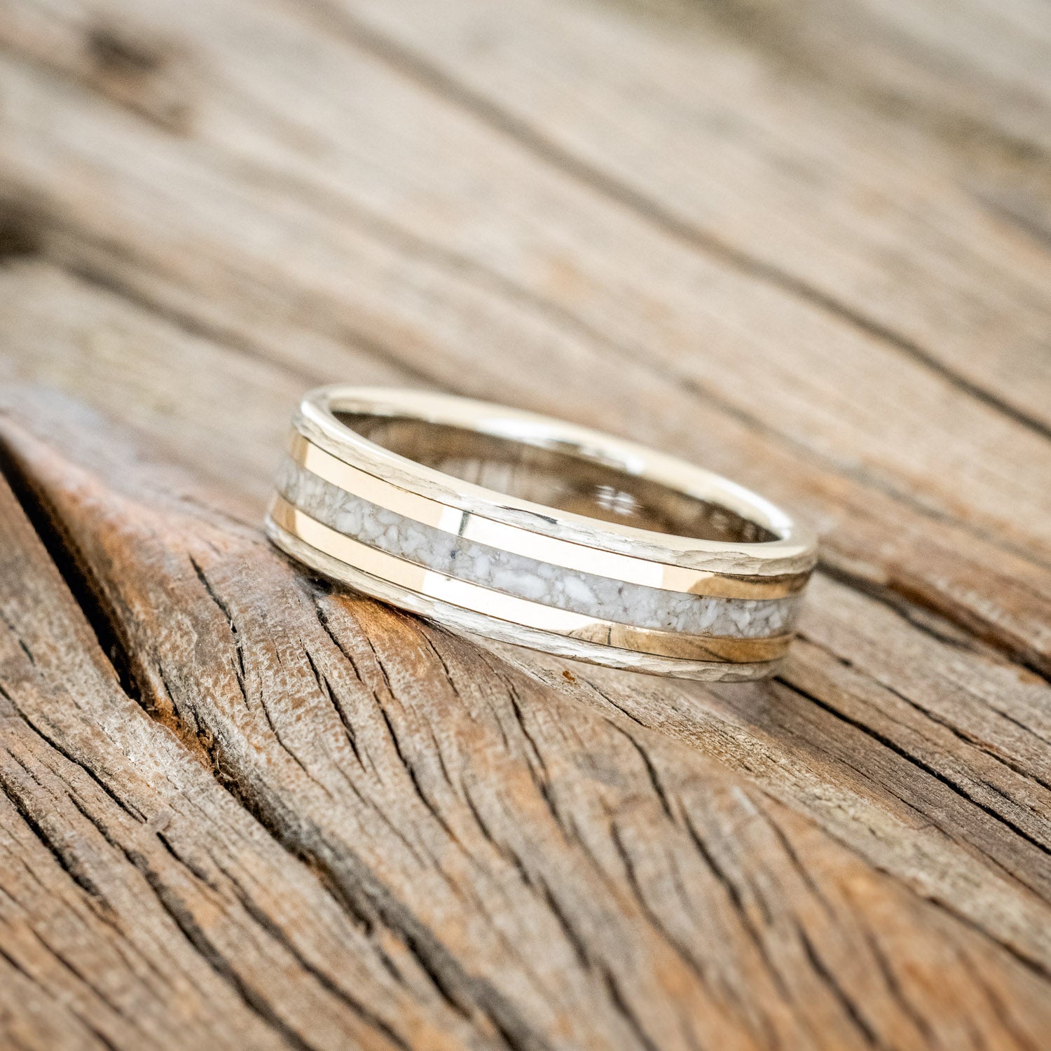 "HOLLIS" - ELK TOOTH IVORY & 14K GOLD INLAYS WEDDING RING FEATURING A HAMMERED BAND-5
