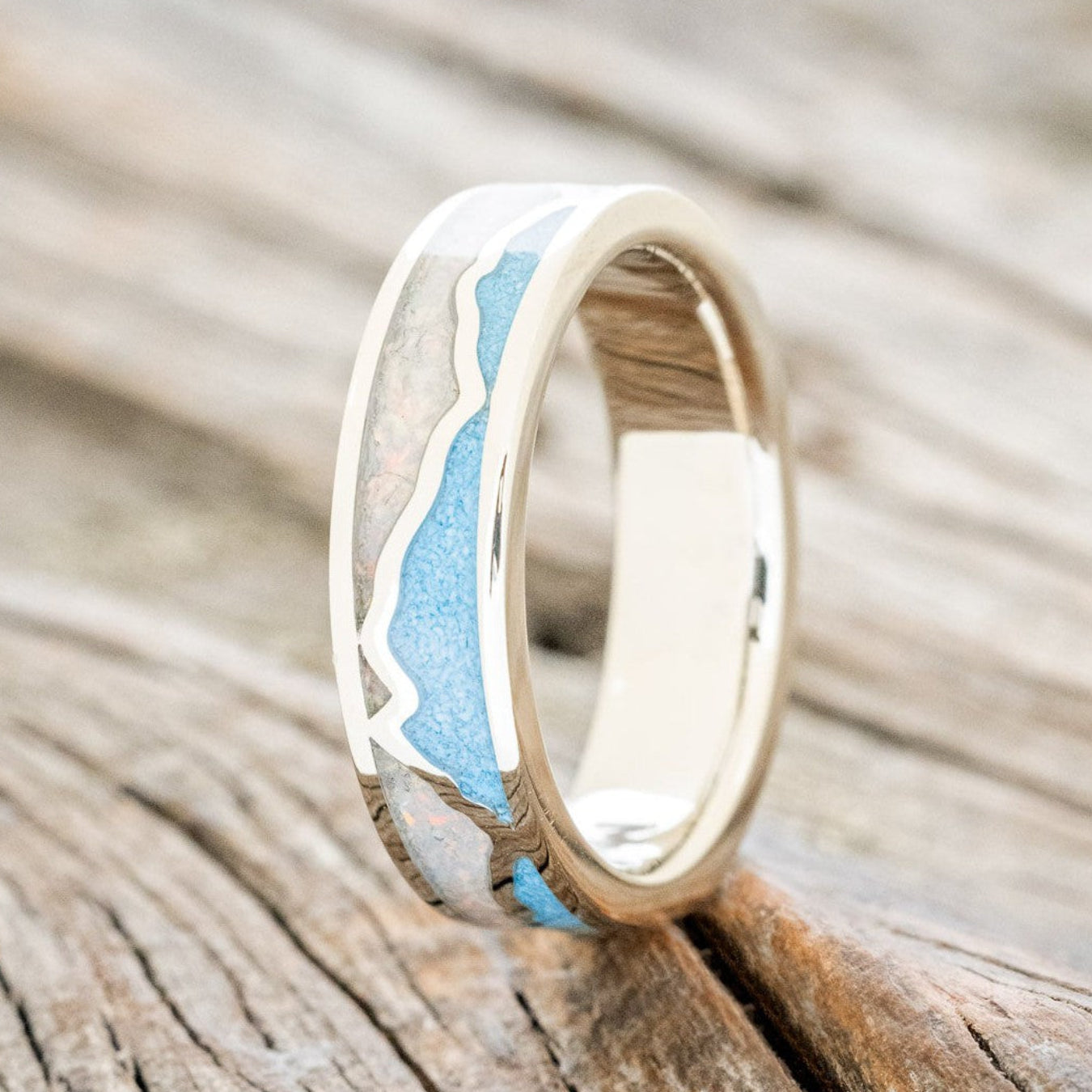 "PEAK" - WHITE OPAL & TURQUOISE INLAY WITH SILVER MOUNTAIN RANGE WEDDING BAND-2