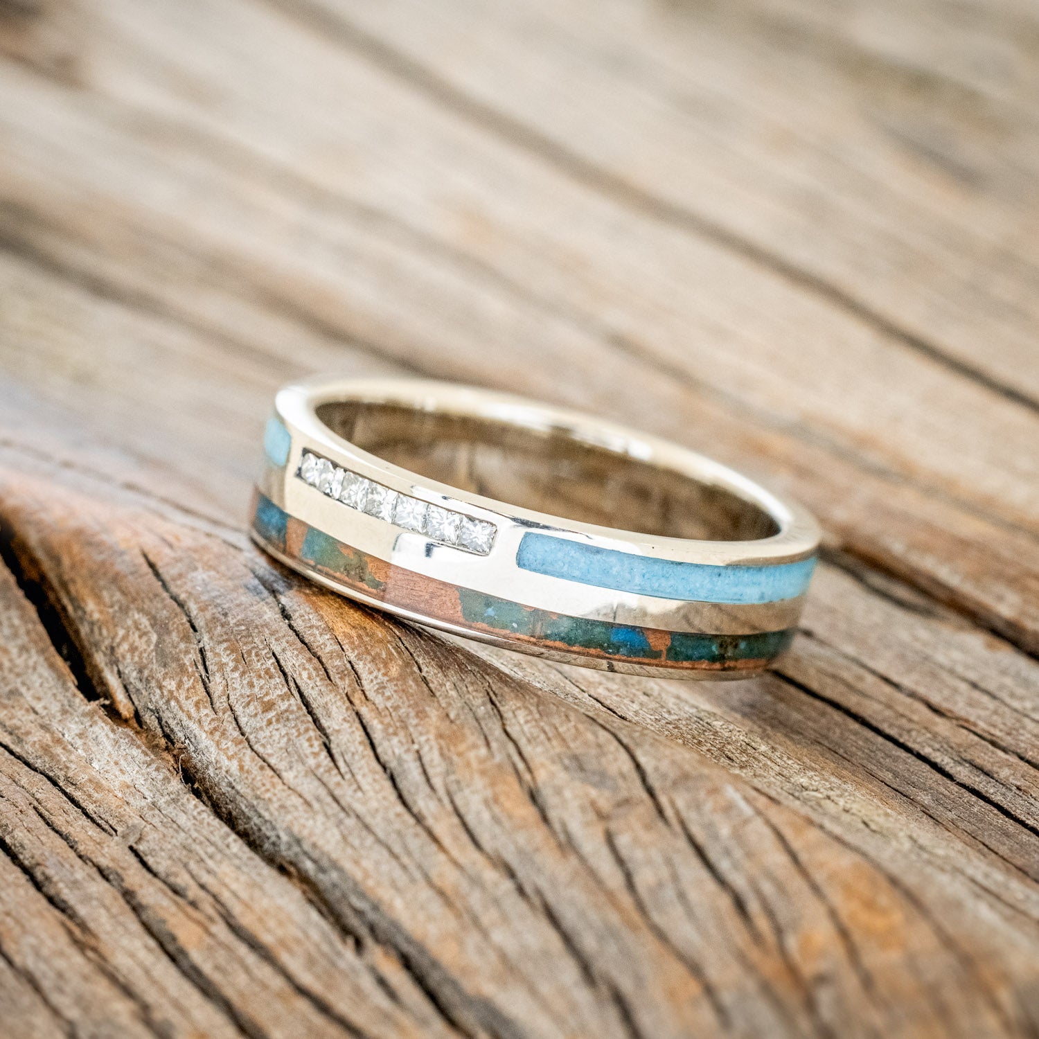 "TRIDENT" - DIAMOND, PATINA COPPER & TURQUOISE INLAYS WEDDING BAND-5