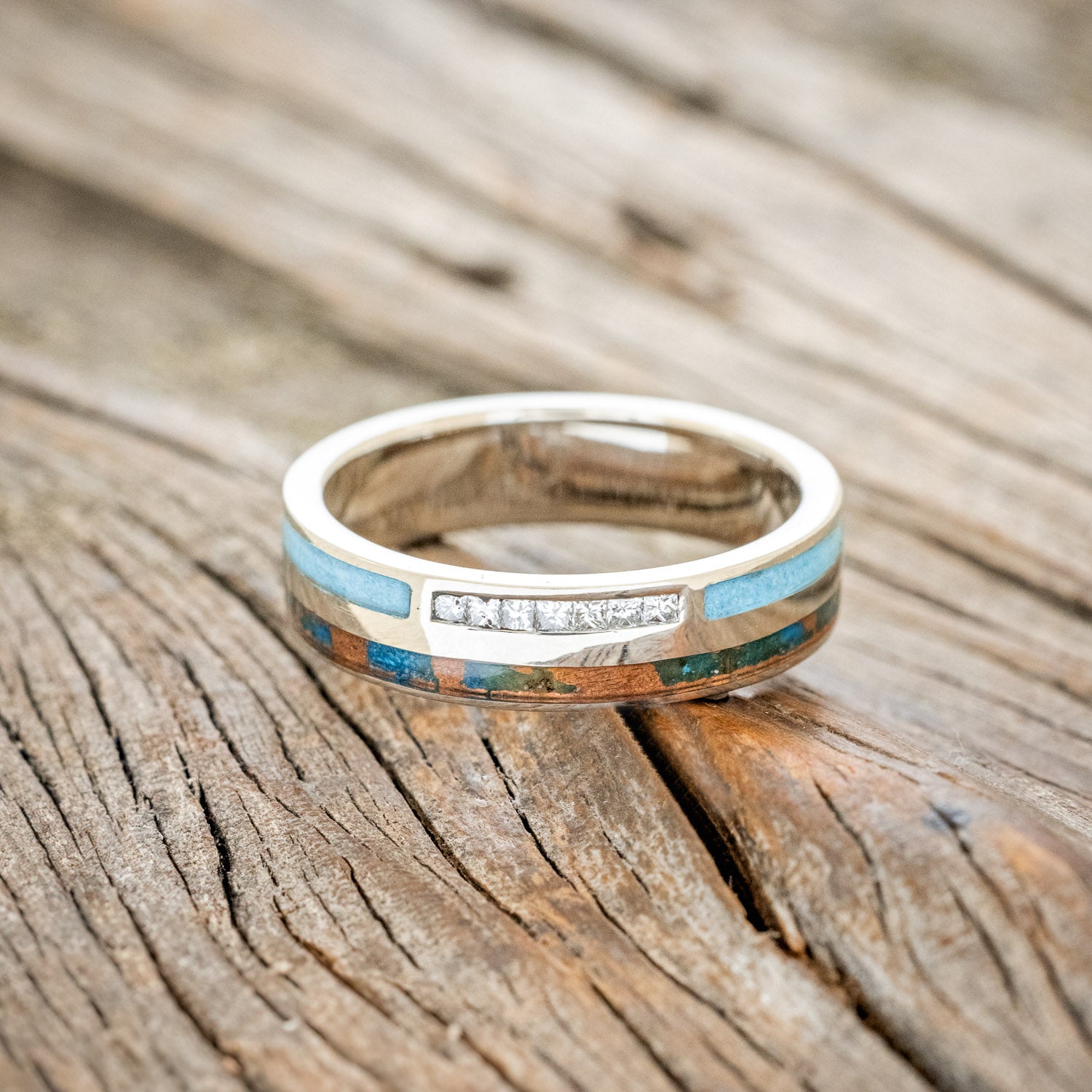 "TRIDENT" - DIAMOND, PATINA COPPER & TURQUOISE INLAYS WEDDING BAND-6