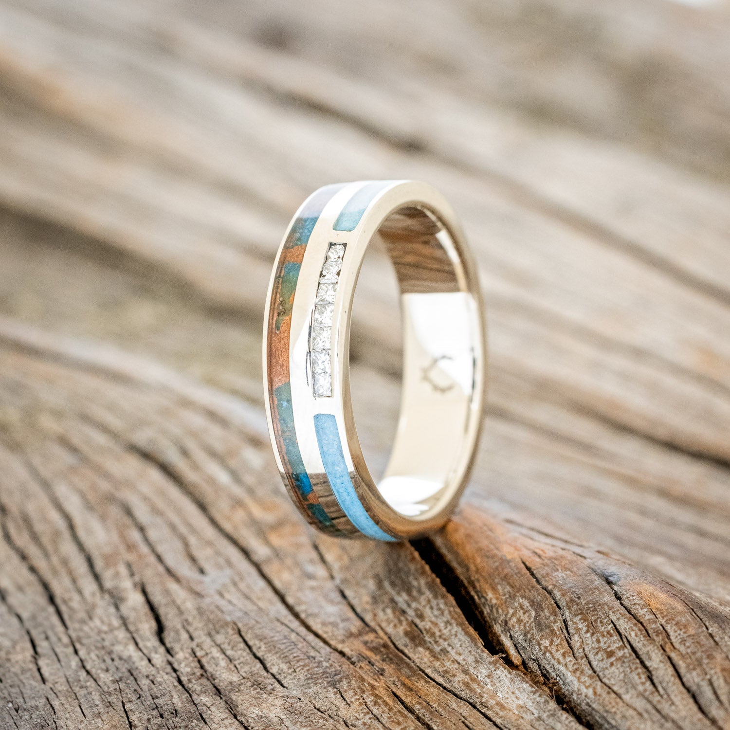 "TRIDENT" - DIAMOND, PATINA COPPER & TURQUOISE INLAYS WEDDING BAND-4