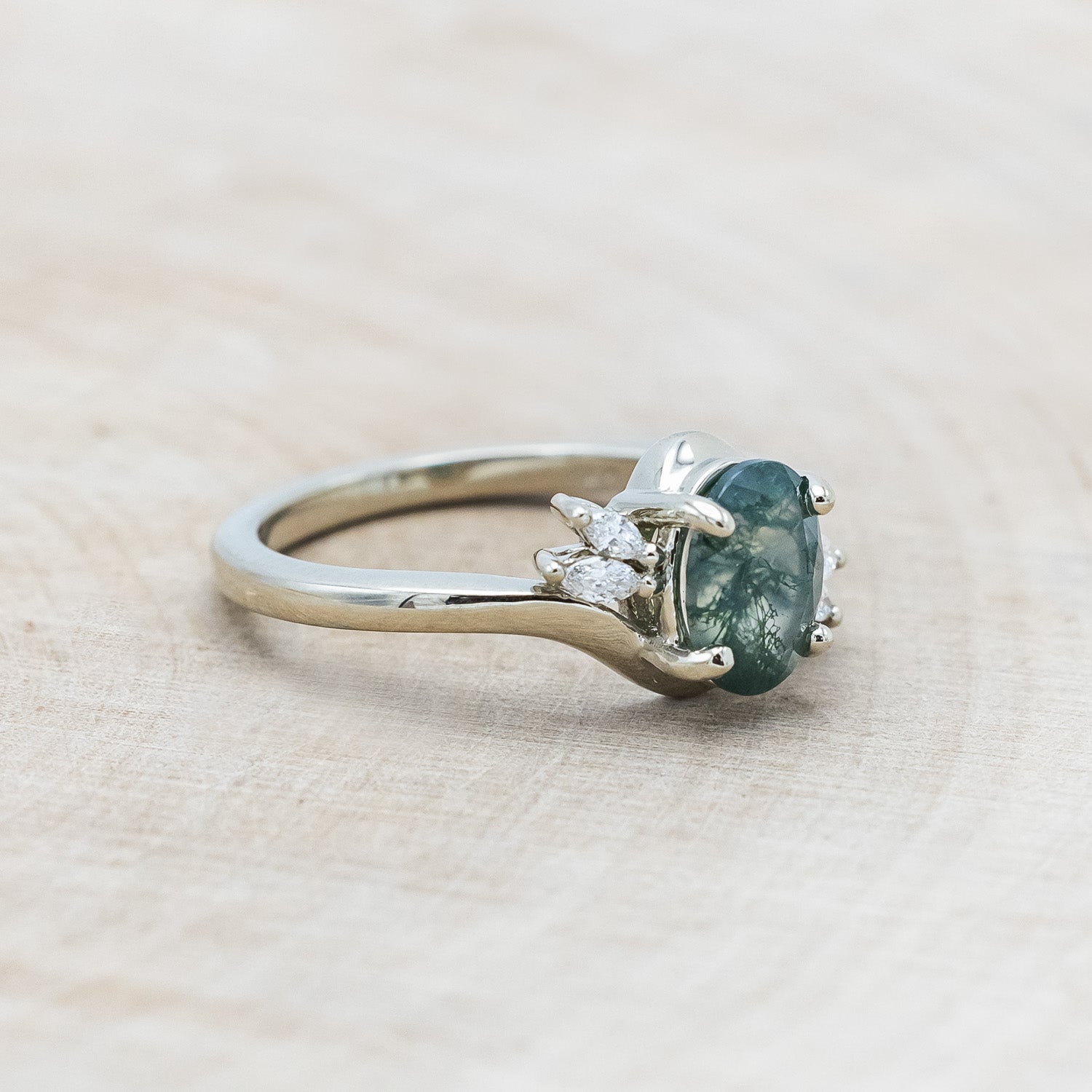 "YAVANNA" - OVAL CUT MOSS AGATE ENGAGEMENT RING WITH DIAMOND ACCENTS-Staghead Designs