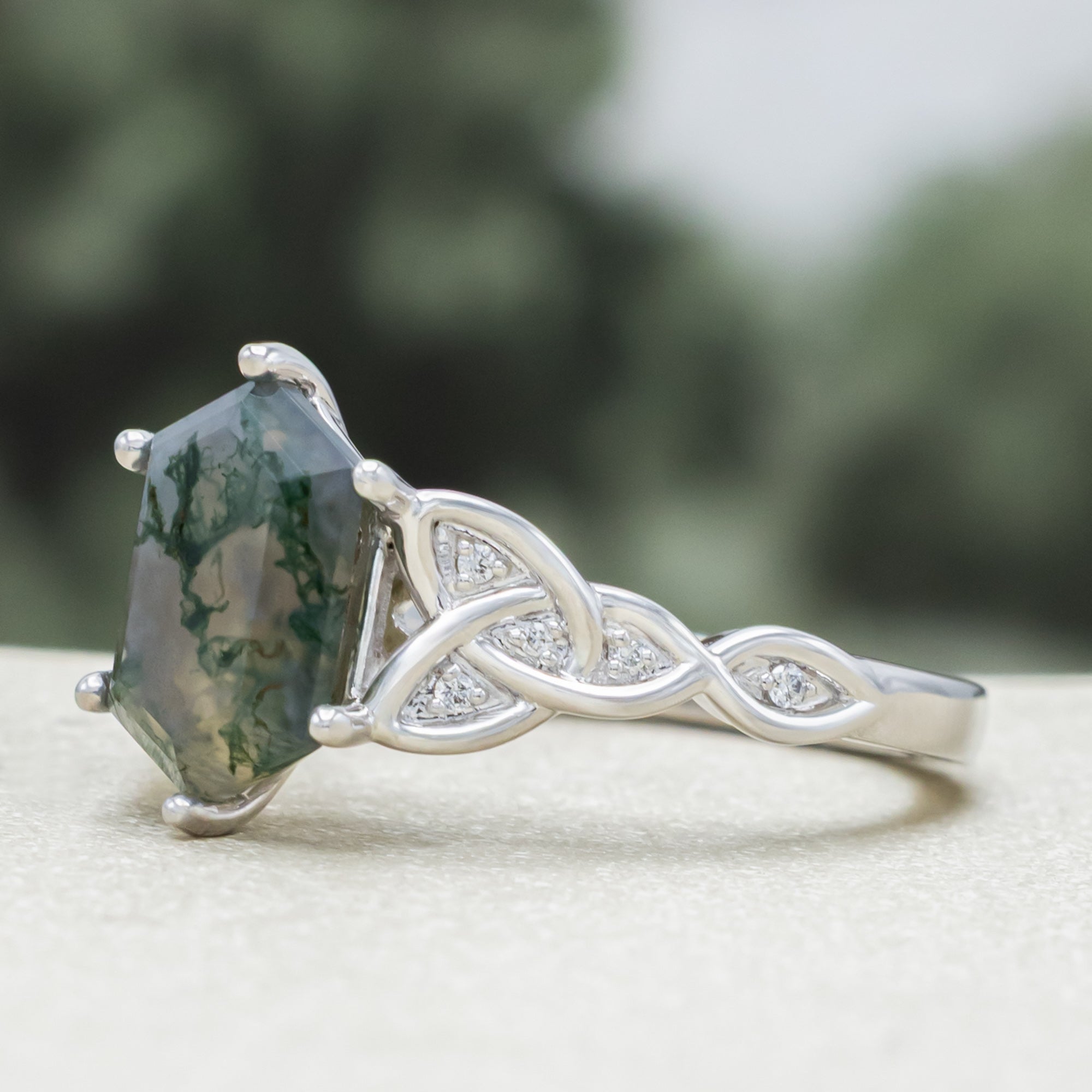 "Aife" - Celtic Knot Engagement Ring With Elongated Hexagon Cut Moss Agate & Diamond Accents-Staghead Designs