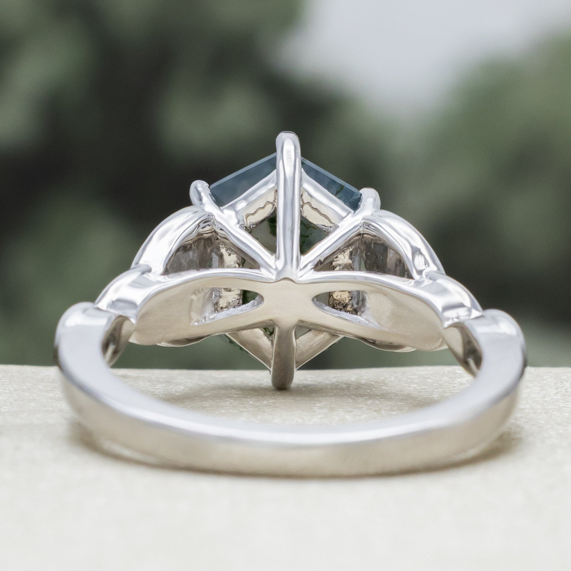 "Aife" - Celtic Knot Engagement Ring With Elongated Hexagon Cut Moss Agate & Diamond Accents-Staghead Designs