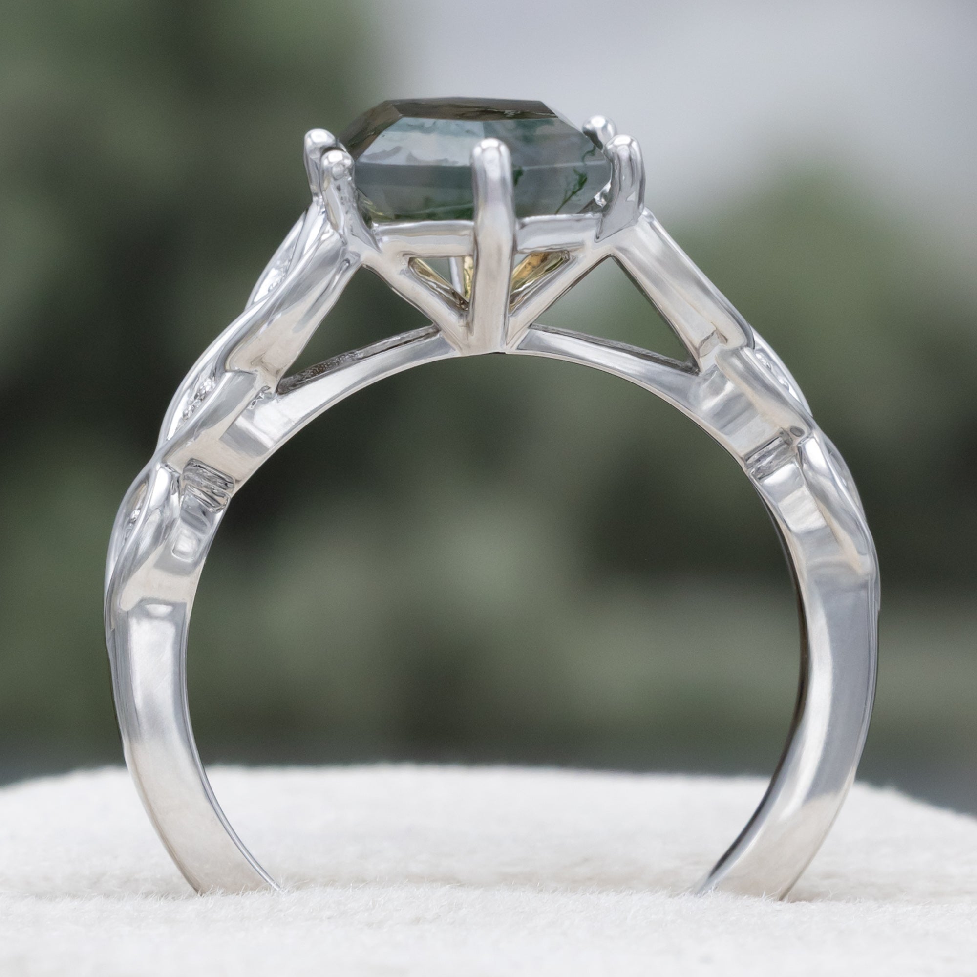 "Aife" - Celtic Knot Engagement Ring With Elongated Hexagon Cut Moss Agate & Diamond Accents-Staghead Designs