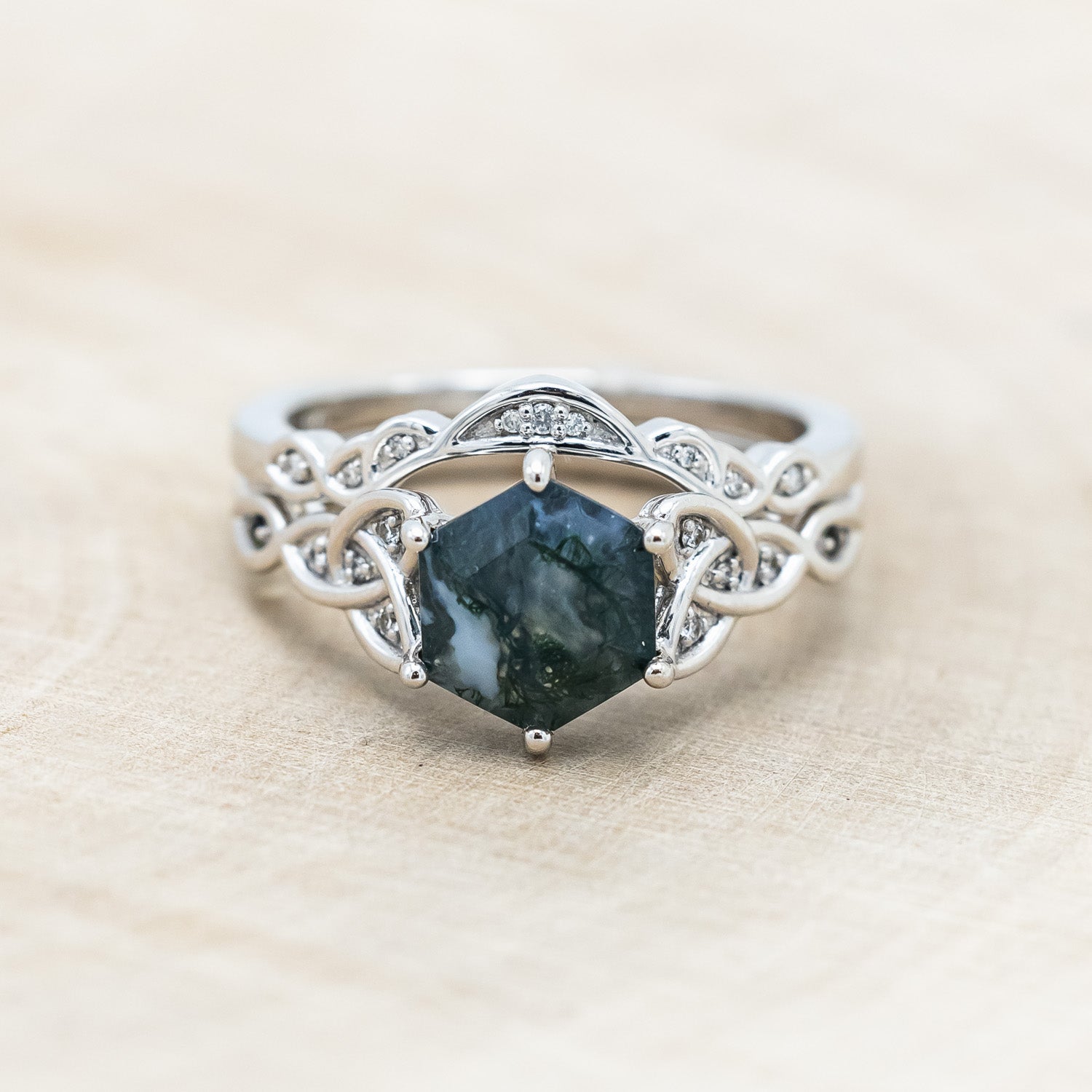 "AIFE" - CELTIC KNOT HEXAGON MOSS AGATE ENGAGEMENT RING & TRACER-Staghead Designs