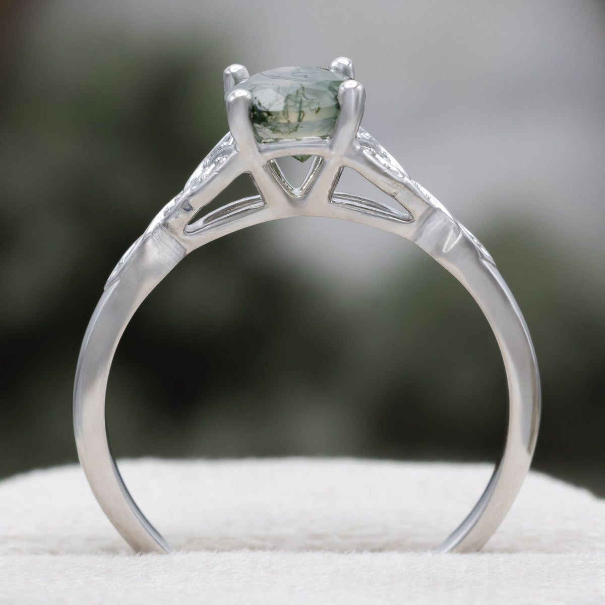 "Aife" - Celtic Knot Engagement Ring With Round Cut Moss Agate & Diamond Tracer - Ready To Ship