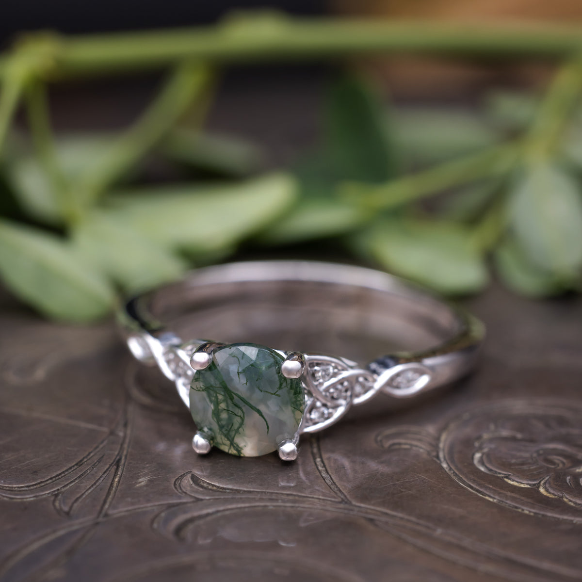 "Aife" - Celtic Knot Engagement Ring With Round Cut Moss Agate & Diamond Tracer - Ready To Ship