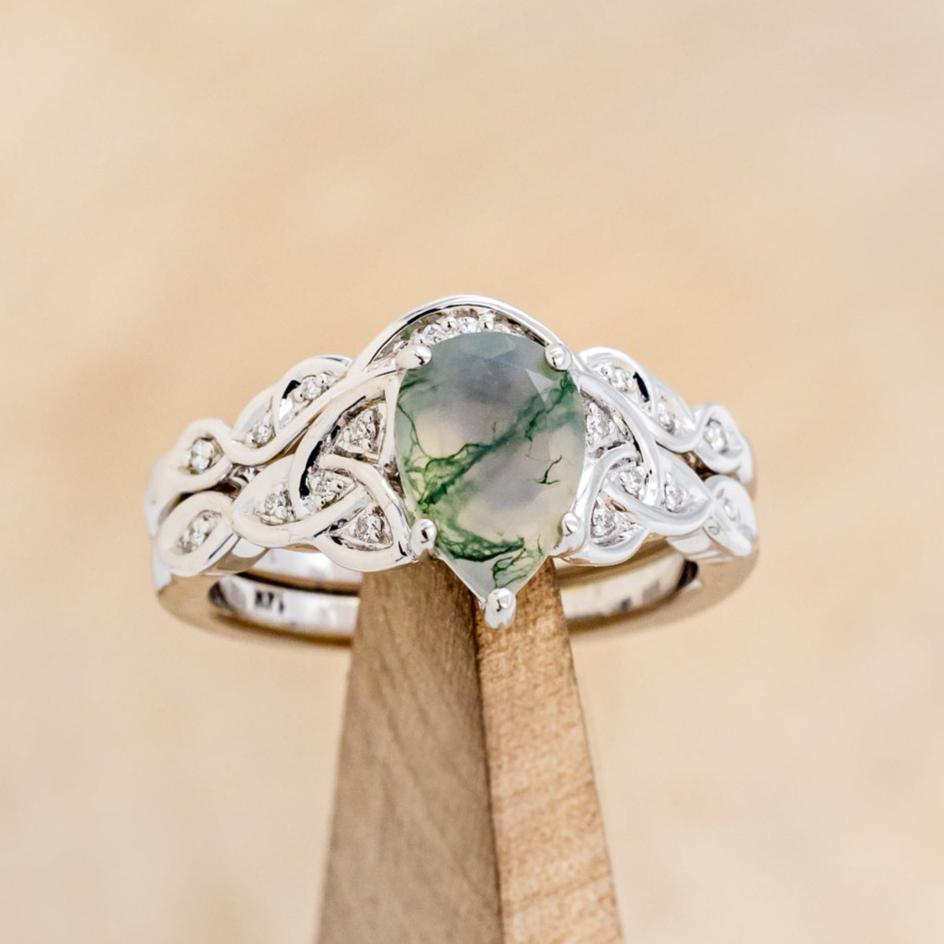 "AIFE" - CELTIC KNOT PEAR MOSS AGATE ENGAGEMENT RING AND TRACER-19