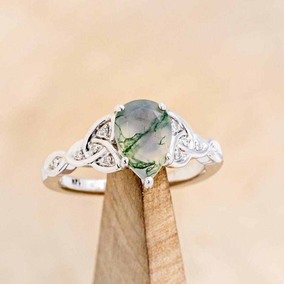"AIFE" - CELTIC KNOT PEAR MOSS AGATE ENGAGEMENT RING AND TRACER-25