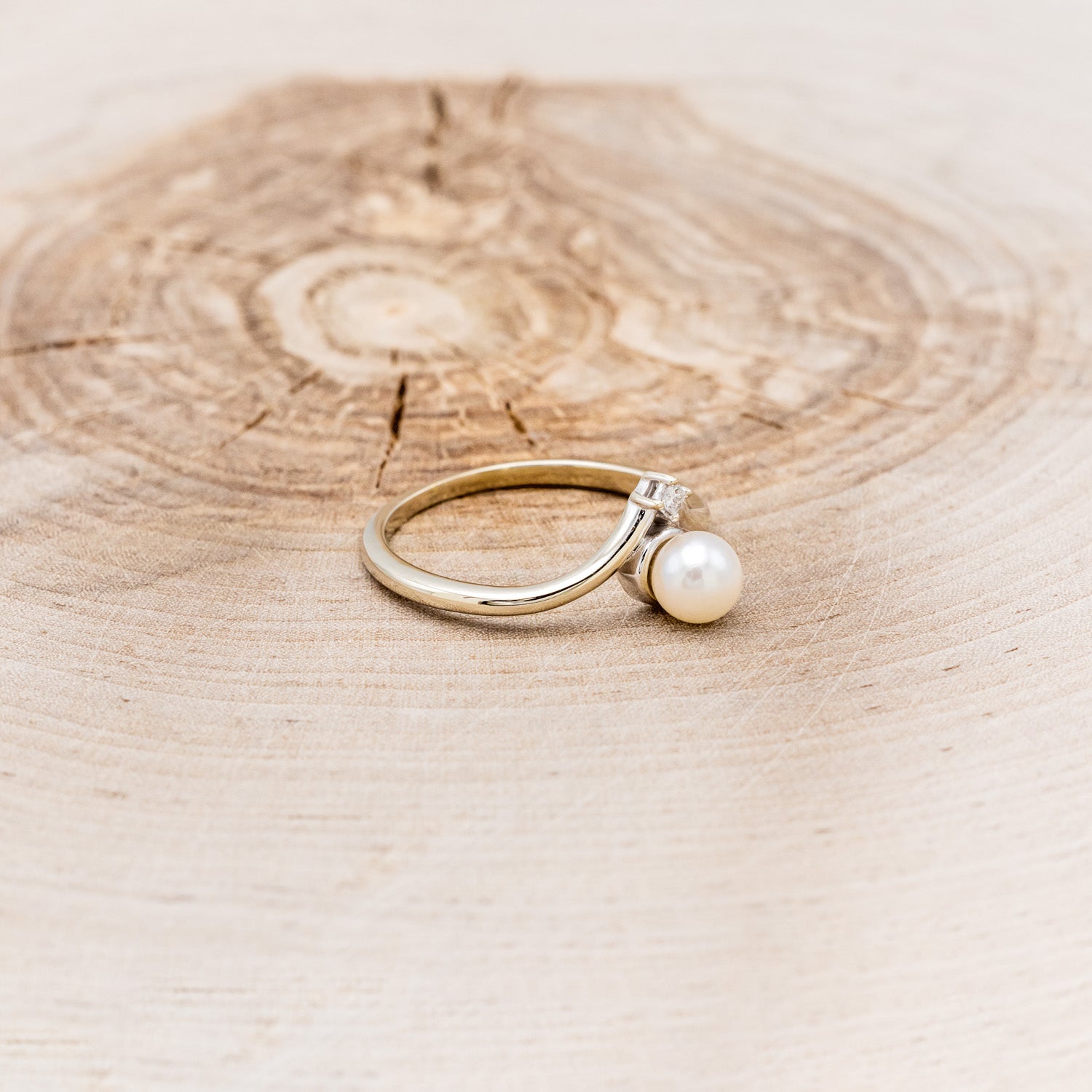 ROUND CUT AKOYA PEARL ENGAGEMENT RING WITH A DIAMOND ACCENT-Staghead Designs