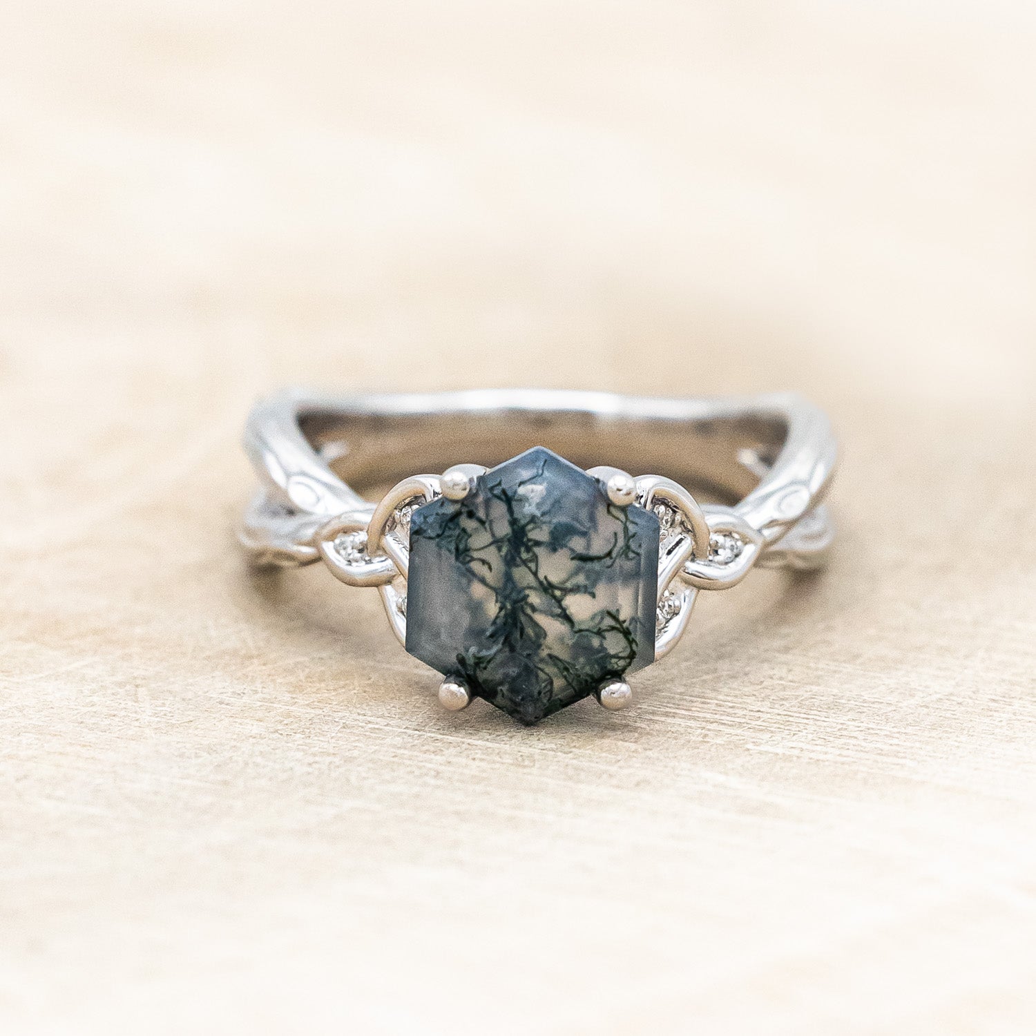 "AMARIS" - CELTIC KNOT ACCENTED HEXAGON CUT MOSS AGATE ENGAGEMENT RING WITH DIAMOND ACCENTS-Staghead Designs