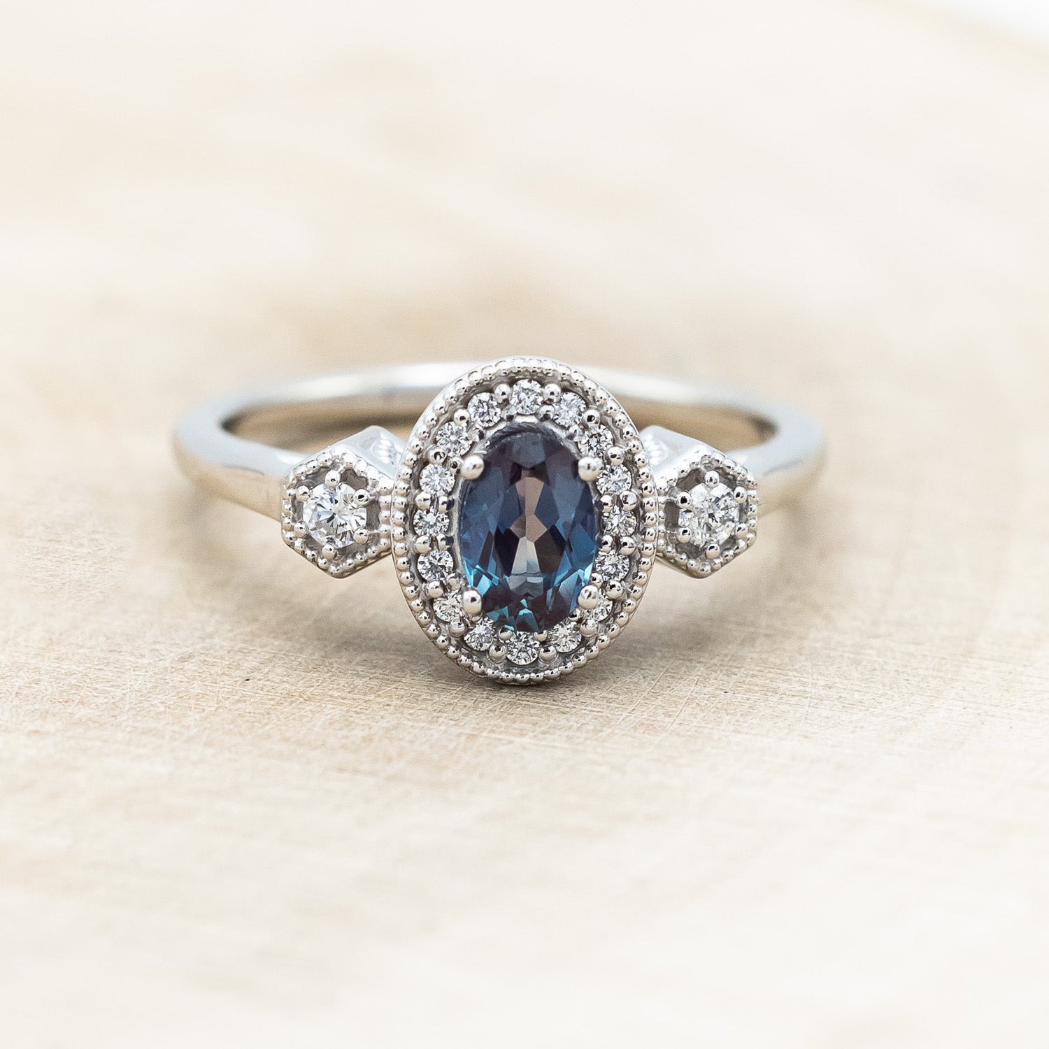 "AMELIA" - OVAL LAB-GROWN ALEXANDRITE ENGAGEMENT RING WITH DIAMOND HALO & ACCENTS-Staghead Designs