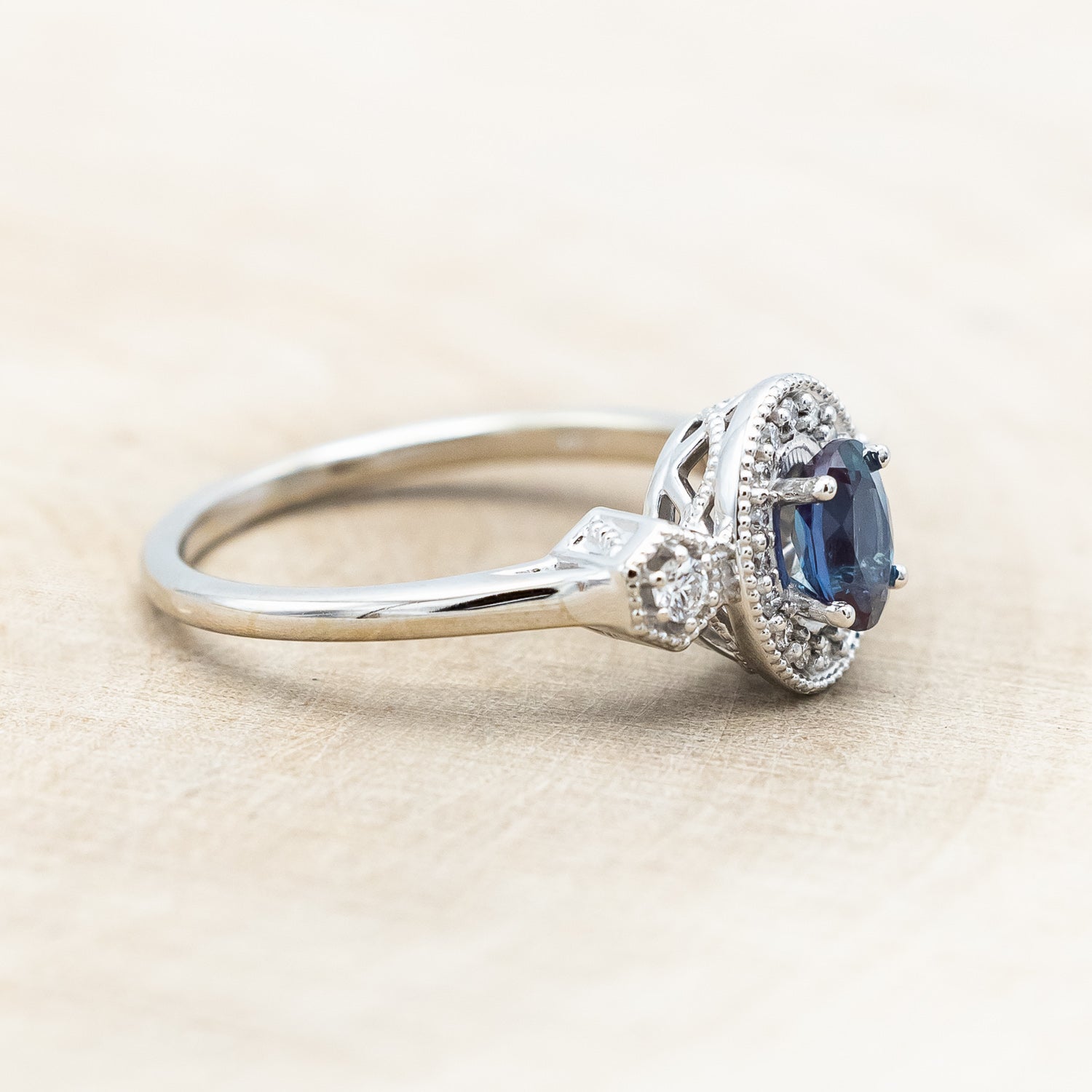 "AMELIA" - OVAL LAB-GROWN ALEXANDRITE ENGAGEMENT RING WITH DIAMOND HALO & ACCENTS-Staghead Designs