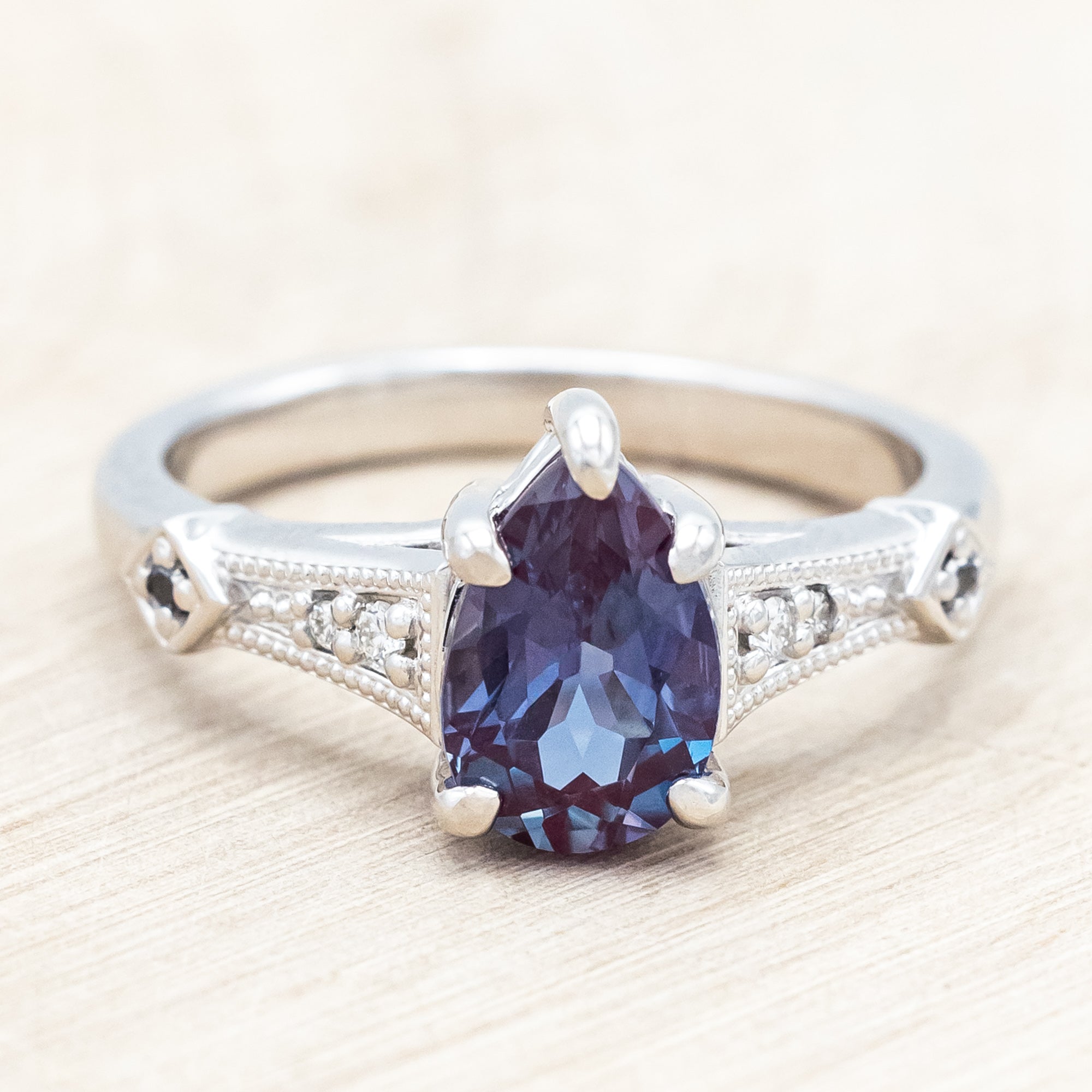 "ANNORA" - PEAR CUT LAB-GROWN ALEXANDRITE ENGAGEMENT RING WITH DIAMOND ACCENTS-Staghead Designs