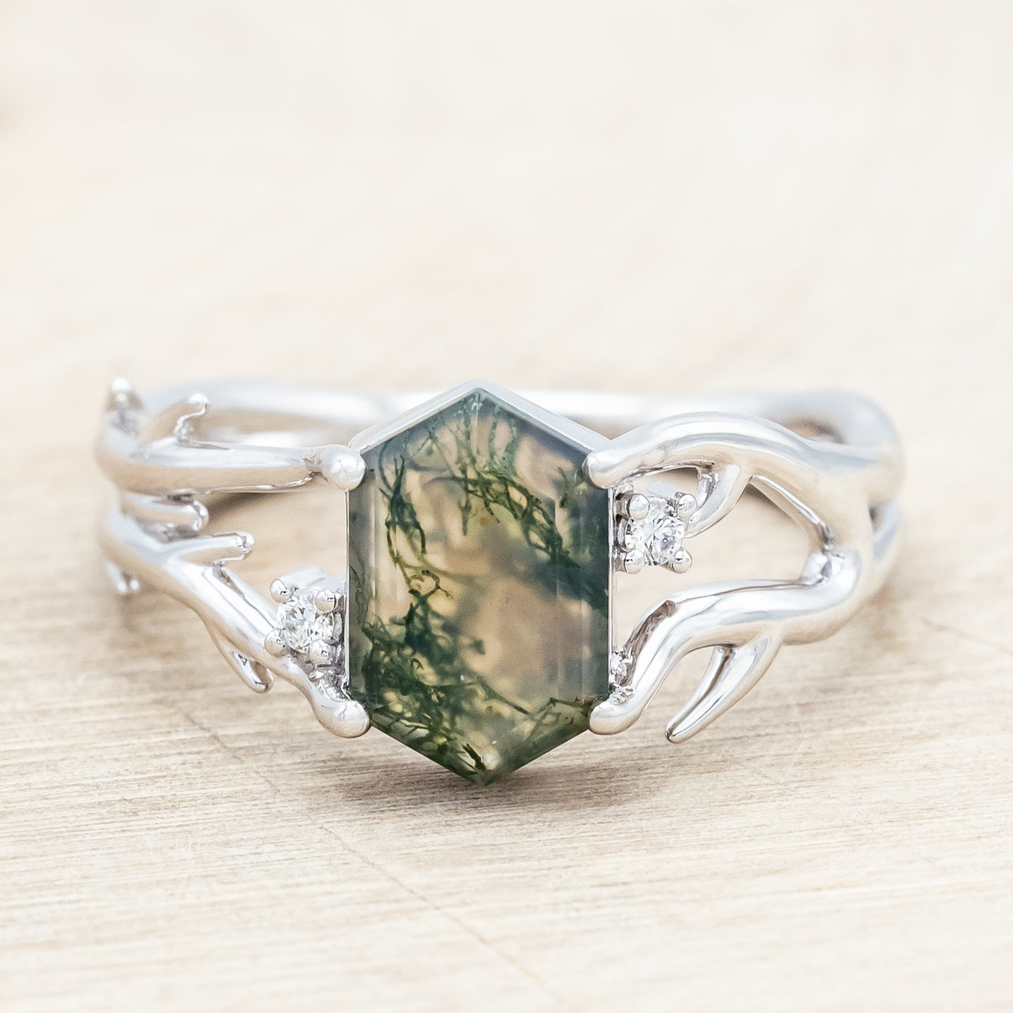 "ARTEMIS" - ELONGATED HEXAGON CUT MOSS AGATE ENGAGEMENT RING WITH AN ANTLER STYLE BAND & CHOICE OF DIAMOND ACCENTS-Staghead Designs