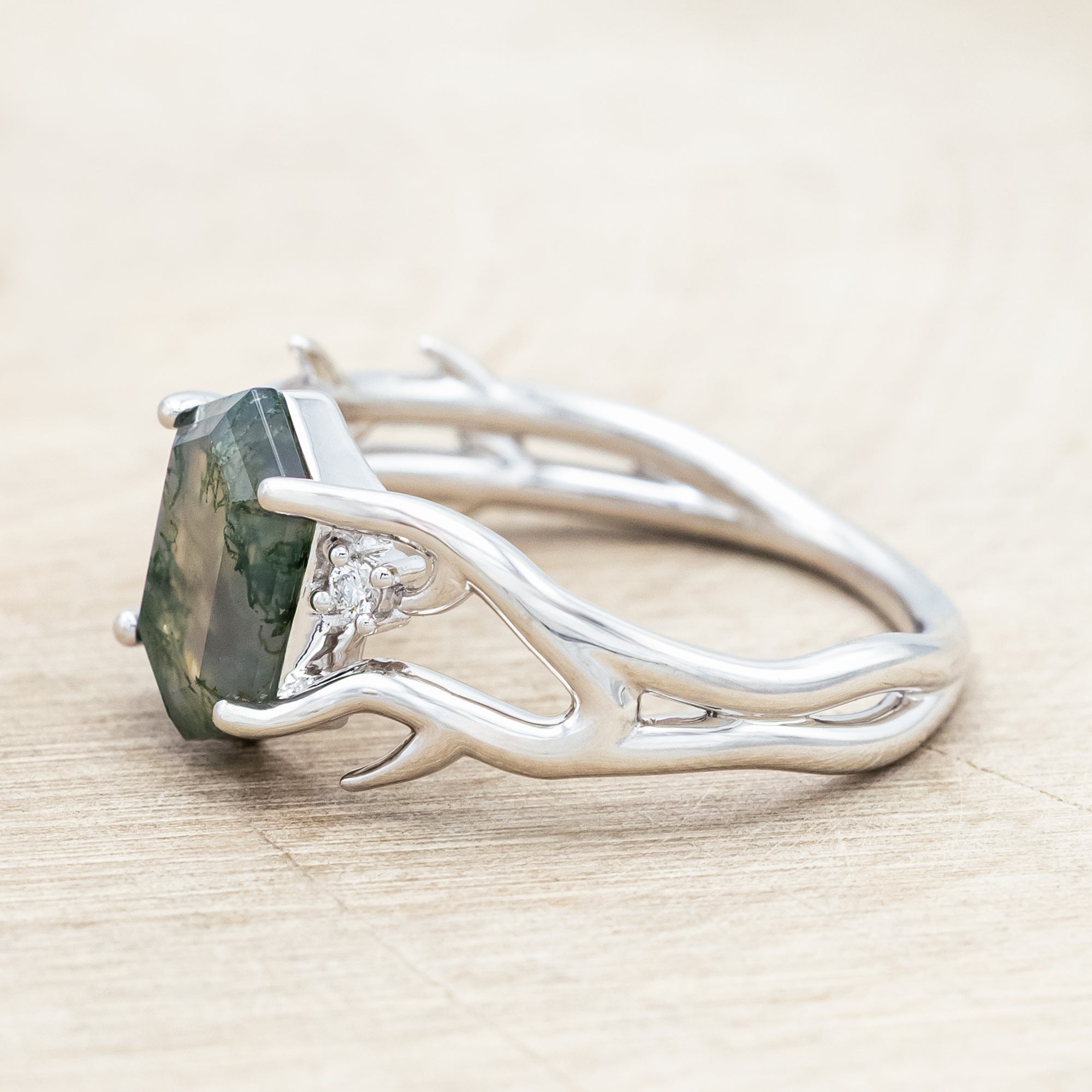 "ARTEMIS" - ELONGATED HEXAGON CUT MOSS AGATE ENGAGEMENT RING WITH AN ANTLER STYLE BAND & CHOICE OF DIAMOND ACCENTS-Staghead Designs