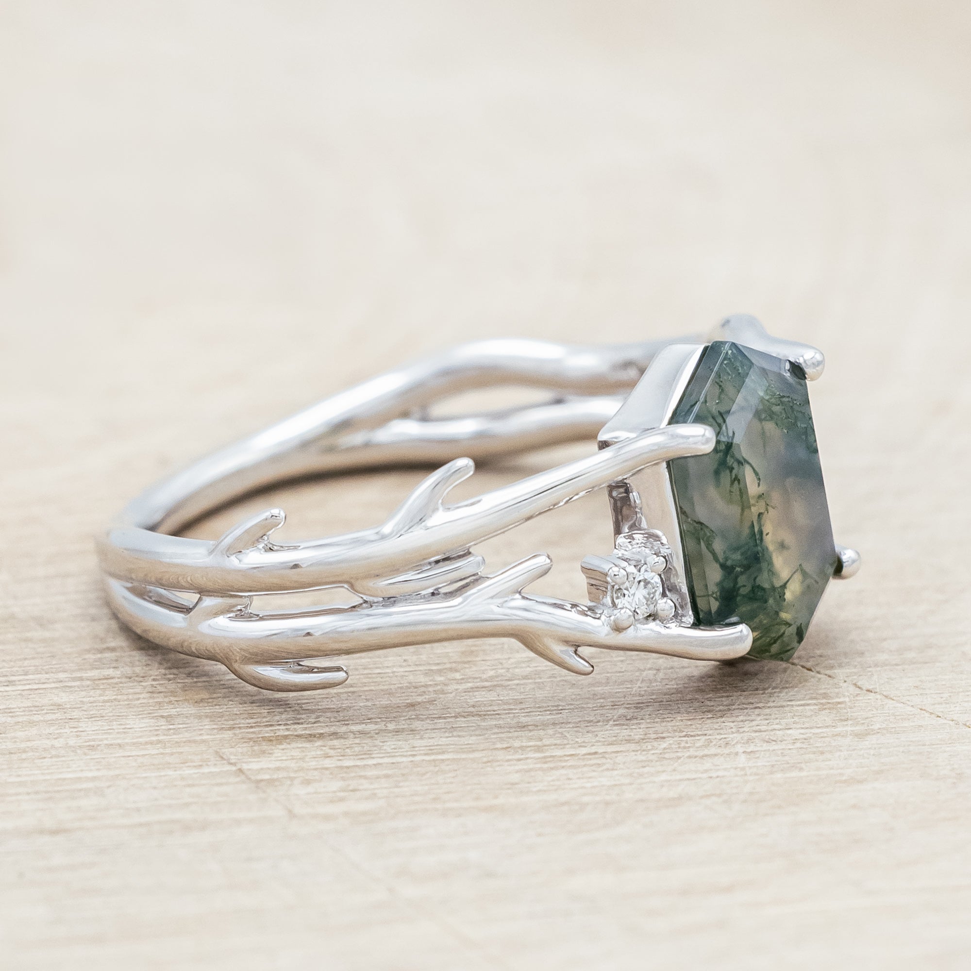 "ARTEMIS" - ELONGATED HEXAGON CUT MOSS AGATE ENGAGEMENT RING WITH AN ANTLER STYLE BAND & CHOICE OF DIAMOND ACCENTS-Staghead Designs