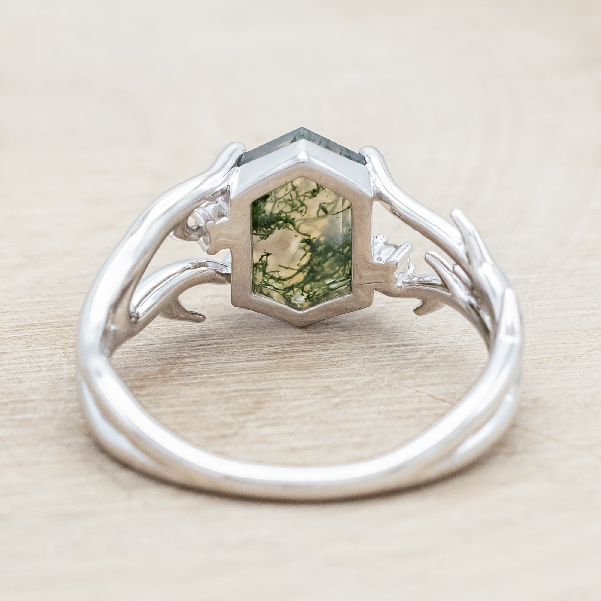 "ARTEMIS" - ELONGATED HEXAGON CUT MOSS AGATE ENGAGEMENT RING WITH AN ANTLER STYLE BAND & CHOICE OF DIAMOND ACCENTS-Staghead Designs