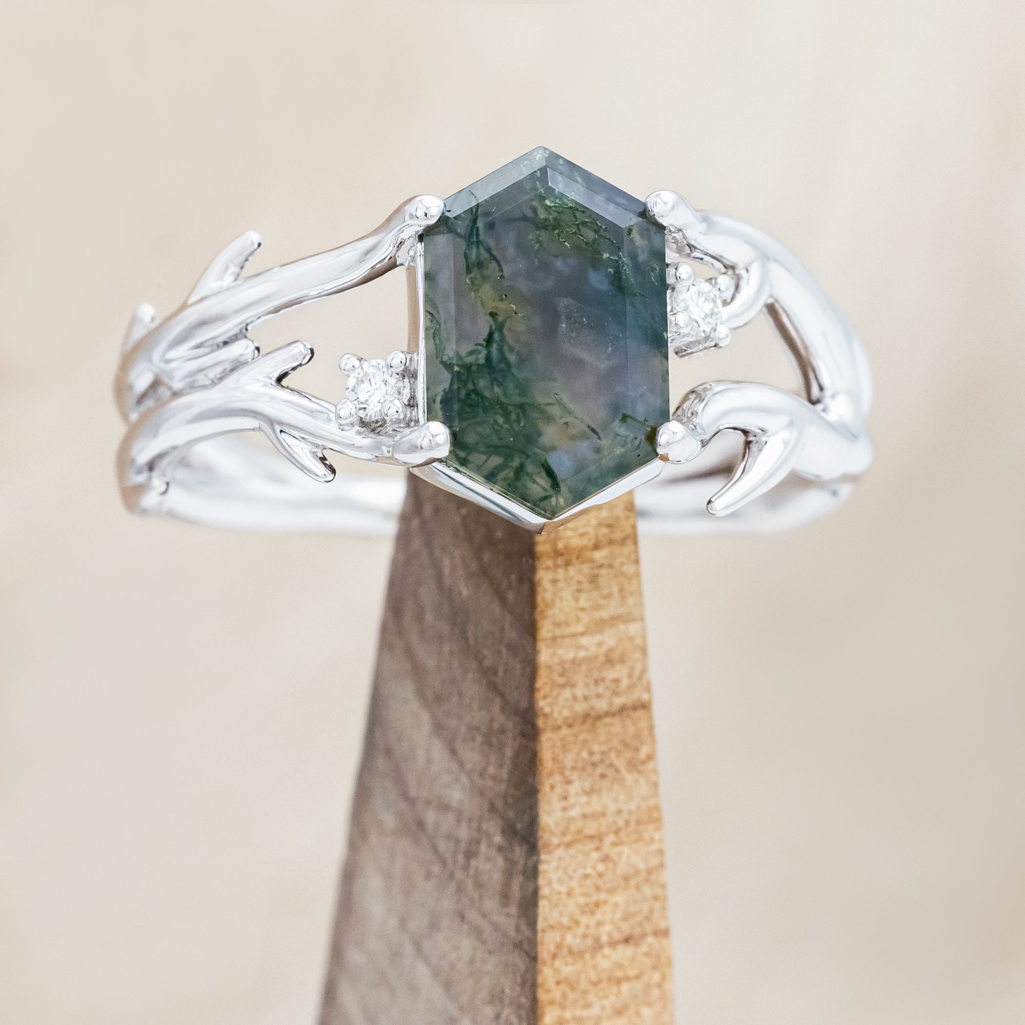"ARTEMIS" - ELONGATED HEXAGON CUT MOSS AGATE ENGAGEMENT RING WITH AN ANTLER STYLE BAND & CHOICE OF DIAMOND ACCENTS-Staghead Designs