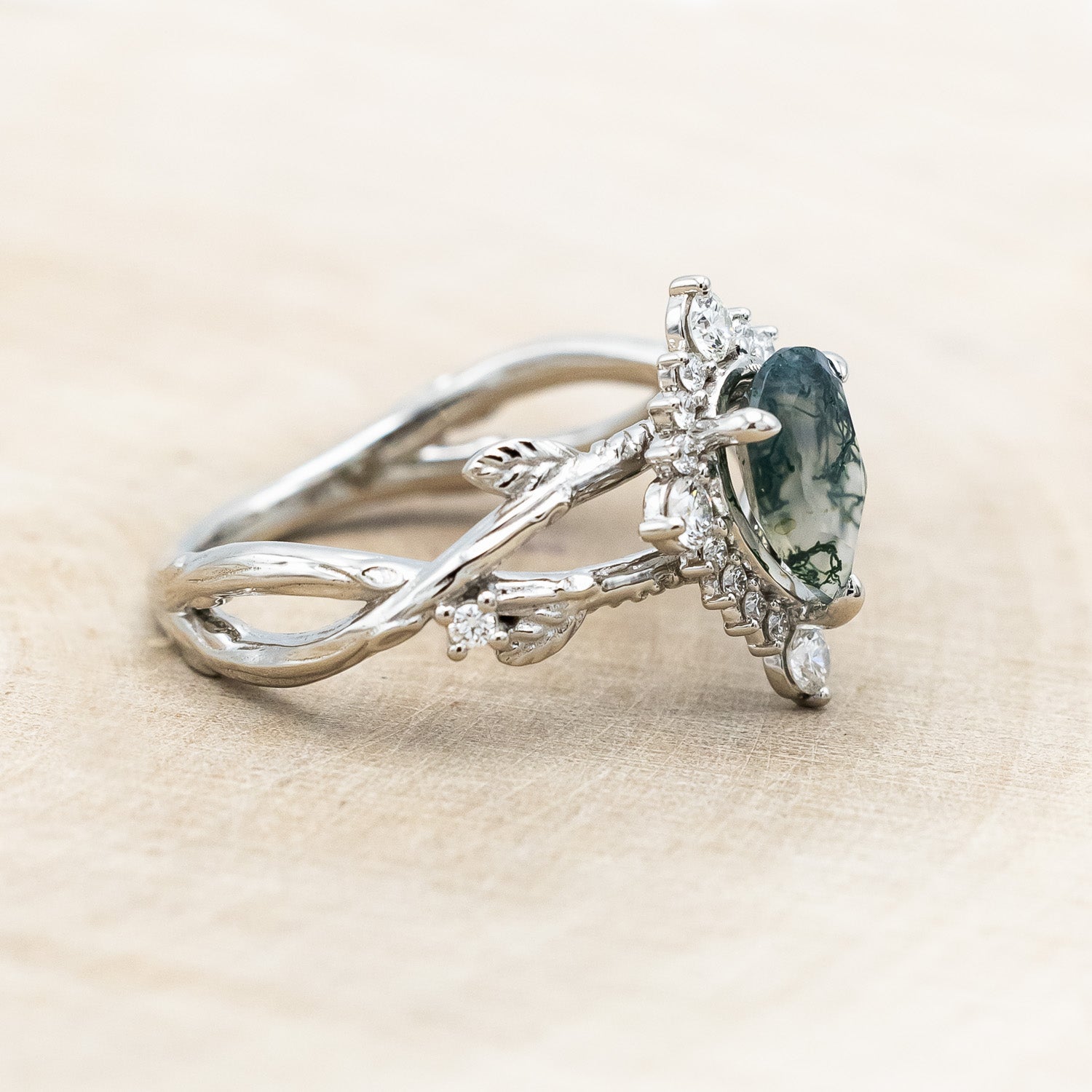 "ARTEMIS ON THE VINE DIVINE" - PEAR CUT MOSS AGATE ENGAGEMENT RING WITH DIAMOND ACCENTS & A "BRIAR" TRACER-Staghead Designs