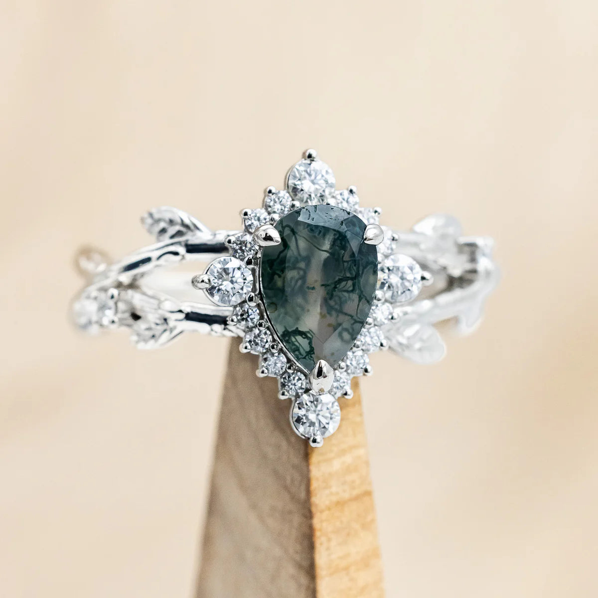 "ARTEMIS ON THE VINE DIVINE" - PEAR CUT MOSS AGATE ENGAGEMENT RING WITH DIAMOND ACCENTS - 14K WHITE GOLD - SIZE 10 1/2-Staghead Designs