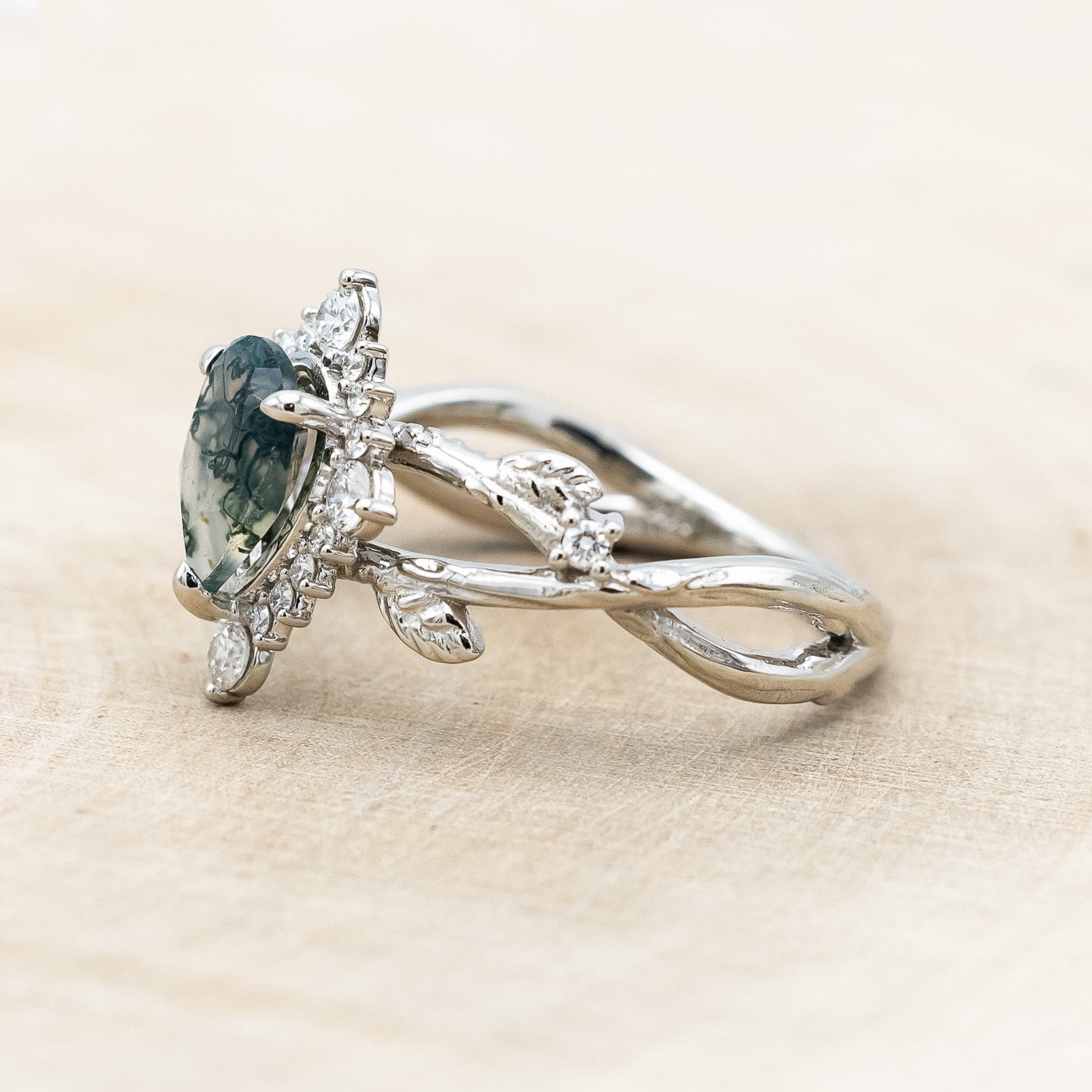 "ARTEMIS ON THE VINE DIVINE" - PEAR CUT MOSS AGATE ENGAGEMENT RING WITH DIAMOND ACCENTS & A "BRIAR" TRACER-Staghead Designs