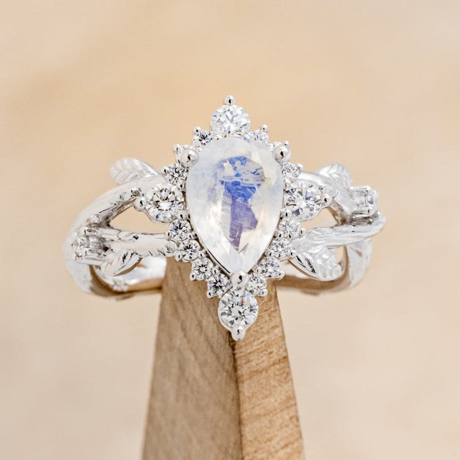"ARTEMIS ON THE VINE DIVINE" - PEAR MOONSTONE ENGAGEMENT RING WITH DIAMOND ACCENTS & A BRANCH-STYLE BAND-1