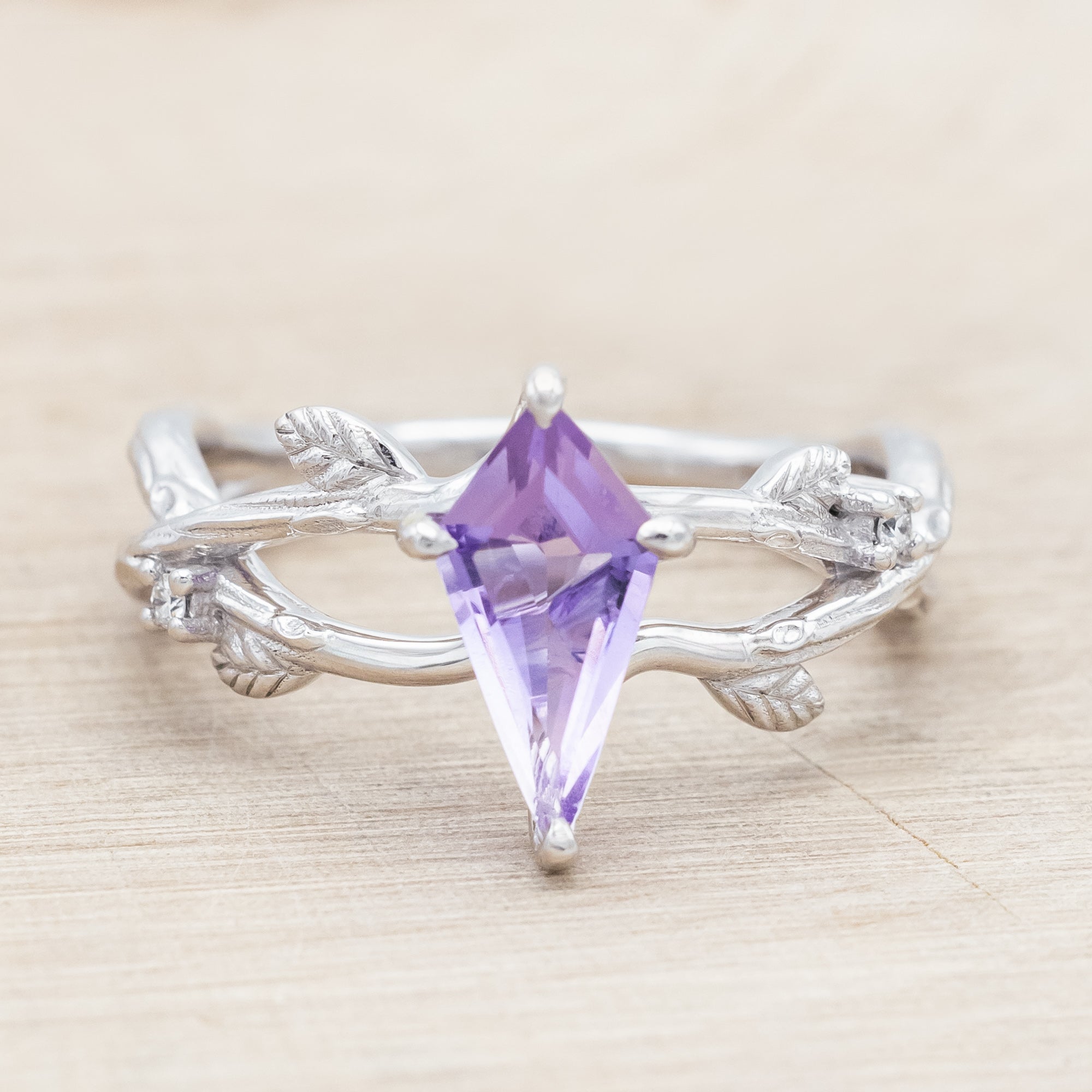 "ARTEMIS ON THE VINE" - KITE CUT ENGAGEMENT RING WITH DIAMOND ACCENTS & "BRIAR" STACKING BAND-Staghead Designs