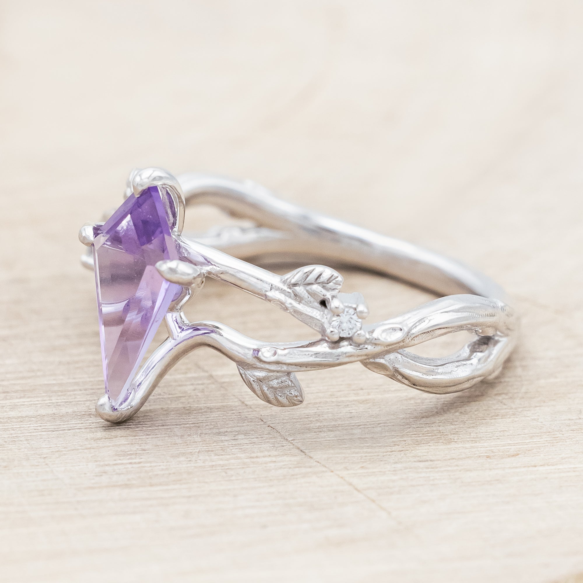 "ARTEMIS ON THE VINE" - KITE CUT ENGAGEMENT RING WITH DIAMOND ACCENTS & "BRIAR" STACKING BAND-Staghead Designs