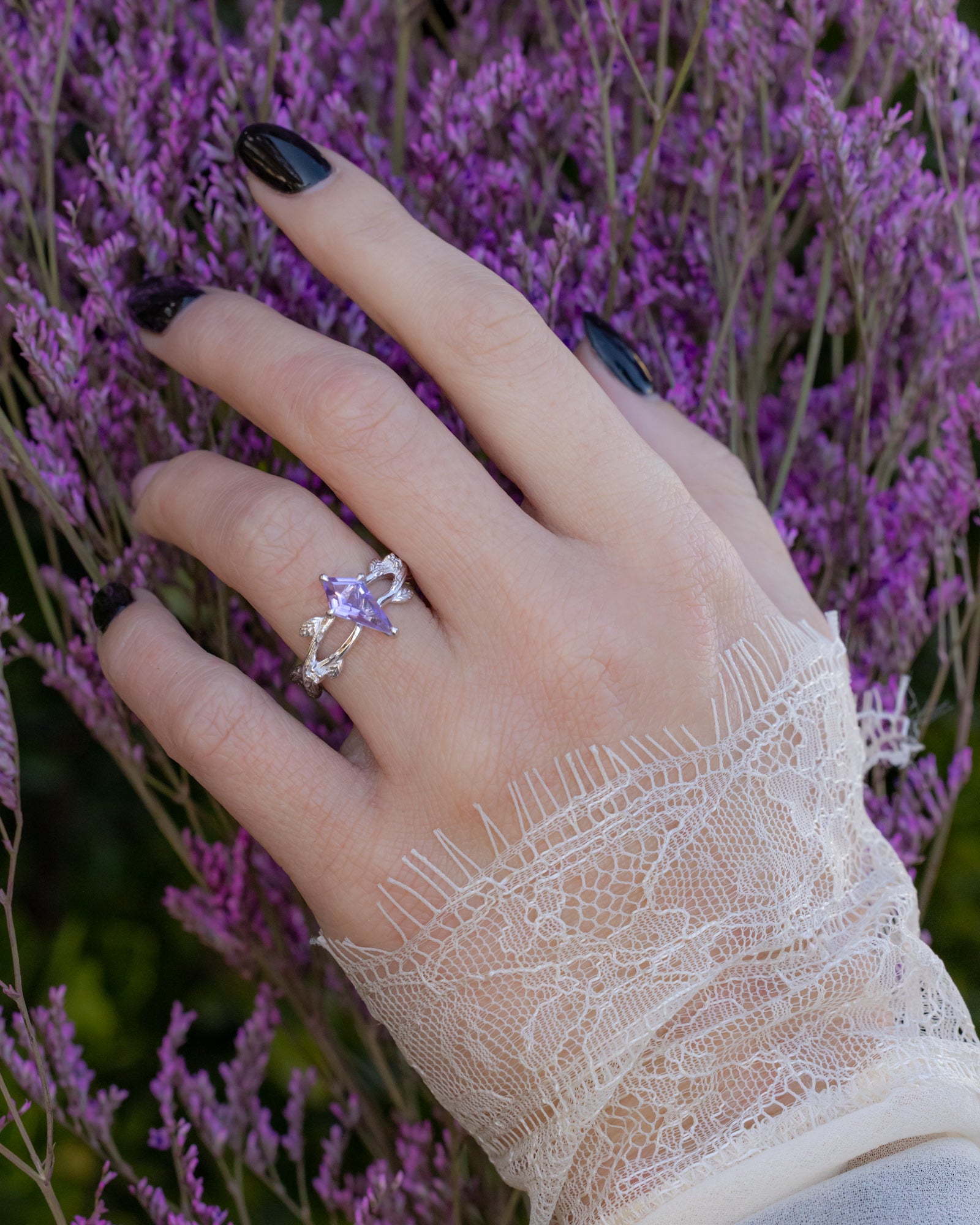 "ARTEMIS ON THE VINE" - KITE CUT ENGAGEMENT RING WITH DIAMOND ACCENTS & "BRIAR" STACKING BAND-Staghead Designs