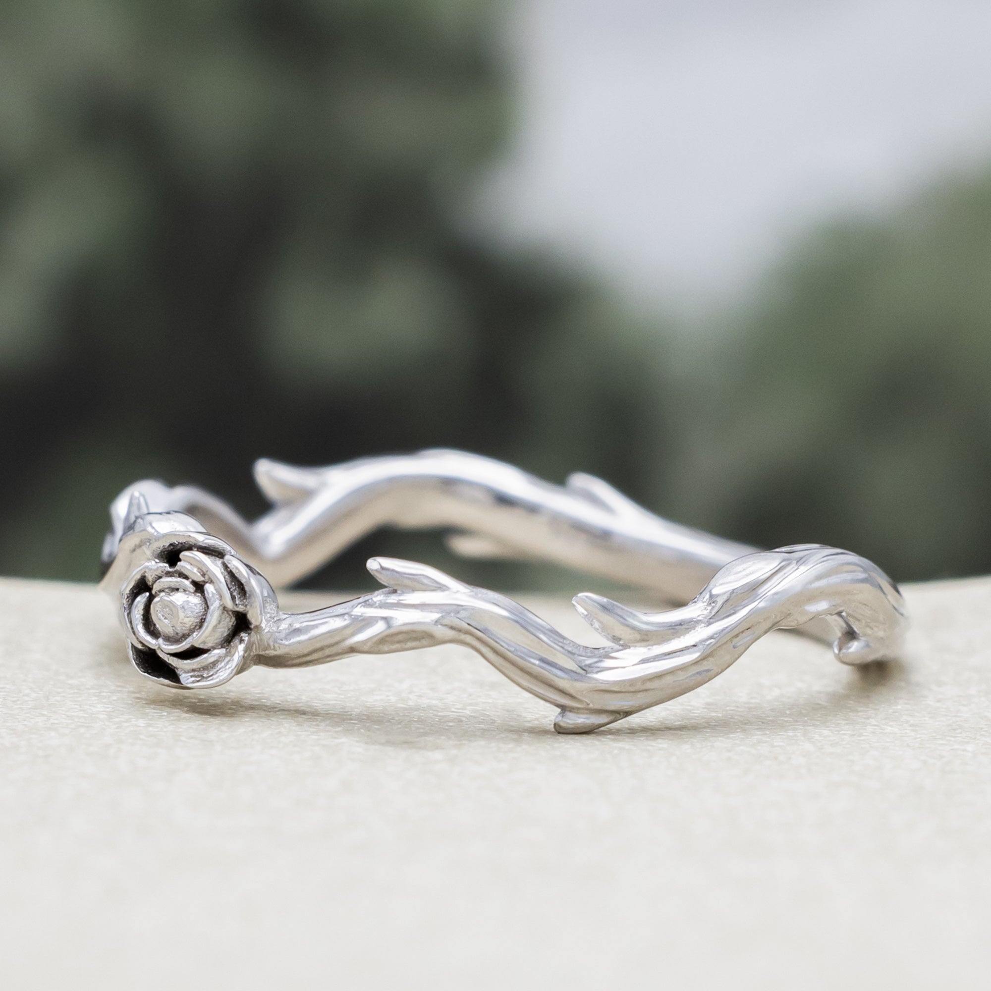 "ARTEMIS ON THE VINE" - KITE CUT ENGAGEMENT RING WITH DIAMOND ACCENTS & "BRIAR" STACKING BAND-Staghead Designs