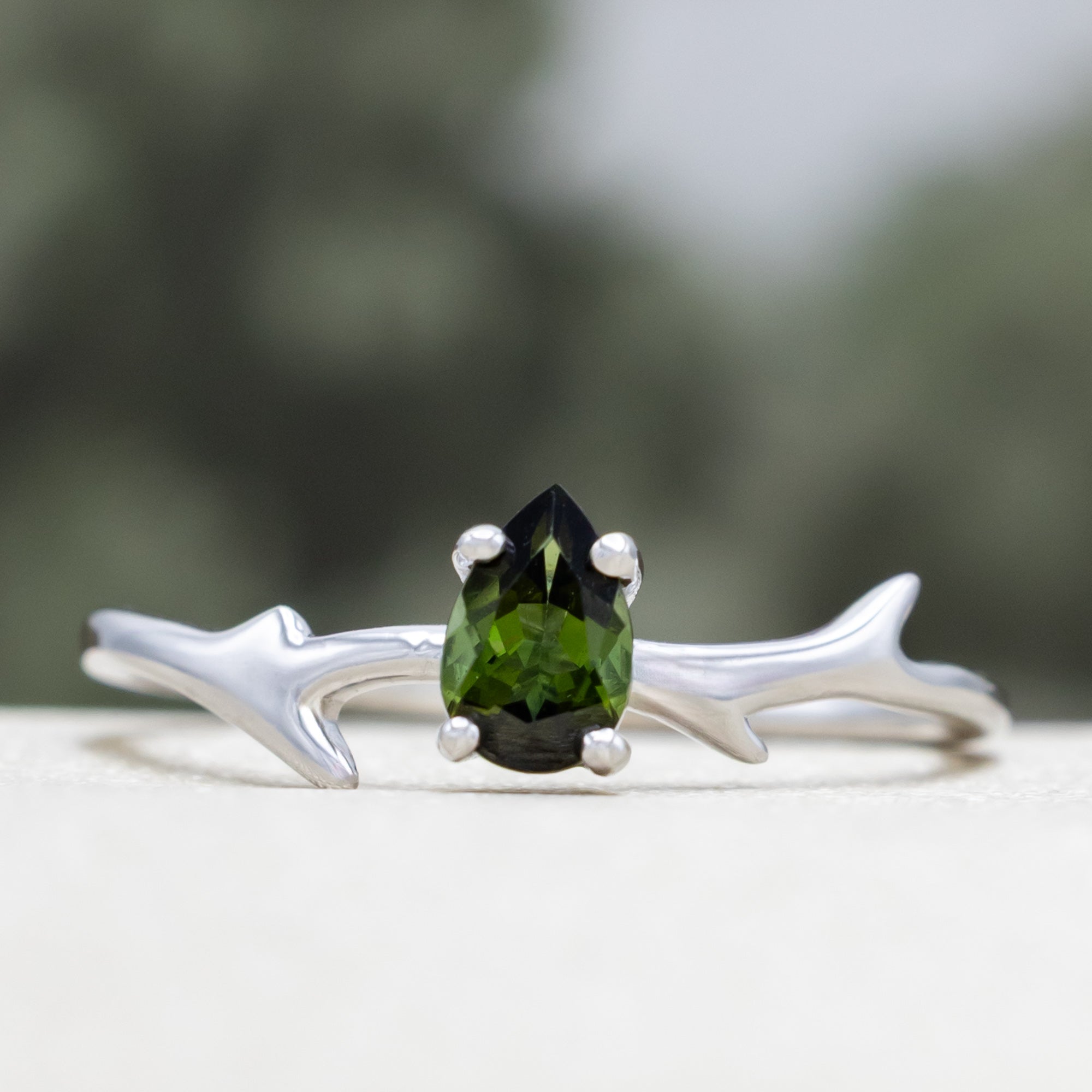 "ARTEMIS" - PEAR CUT GREEN TOURMALINE ENGAGEMENT RING WITH AN ANTLER-STYLE STACKING BAND AND DIAMOND ACCENT-Staghead Designs