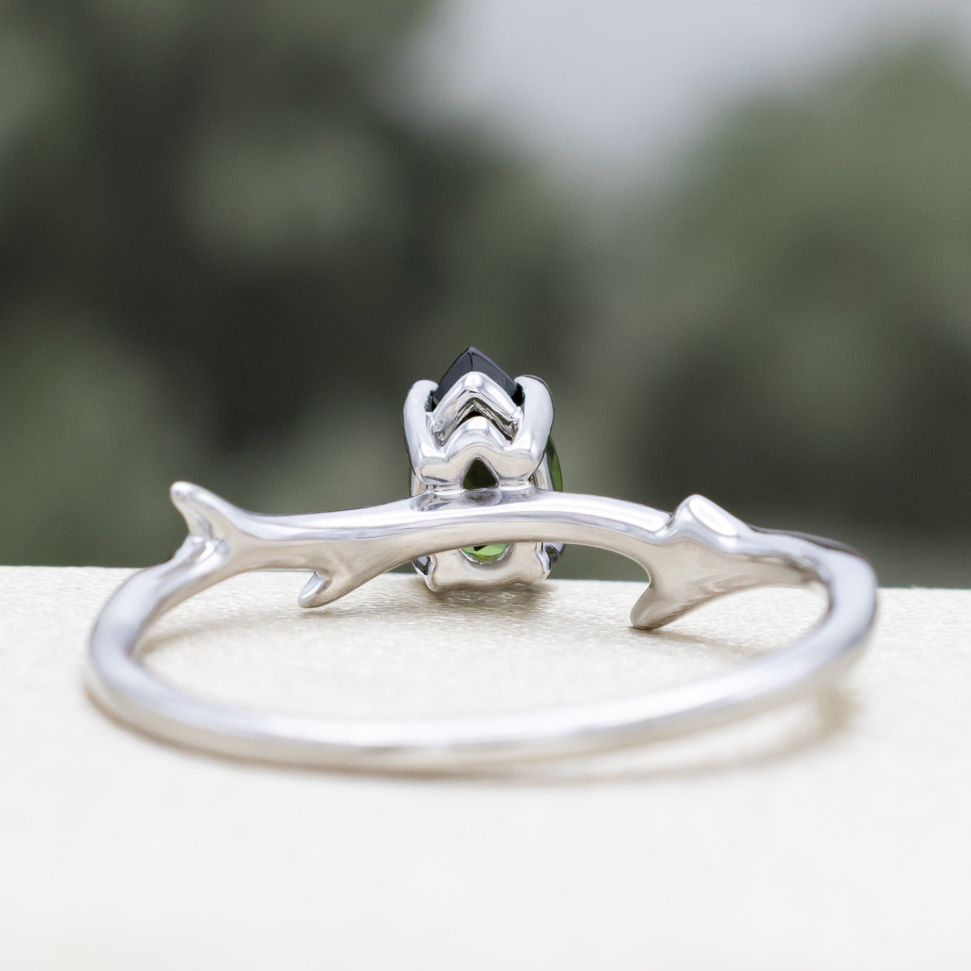 "ARTEMIS" - PEAR CUT GREEN TOURMALINE ENGAGEMENT RING WITH AN ANTLER-STYLE STACKING BAND AND DIAMOND ACCENT-Staghead Designs