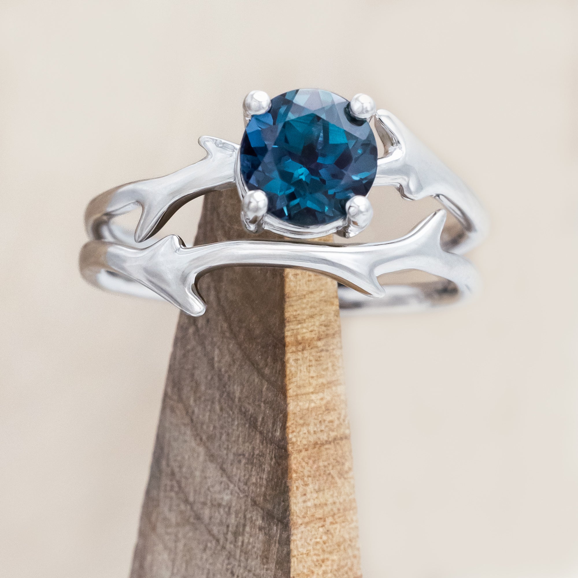 "ARTEMIS" - ROUND CUT ENGAGEMENT RING WITH AN ANTLER-STYLE STACKING BAND-Staghead Designs