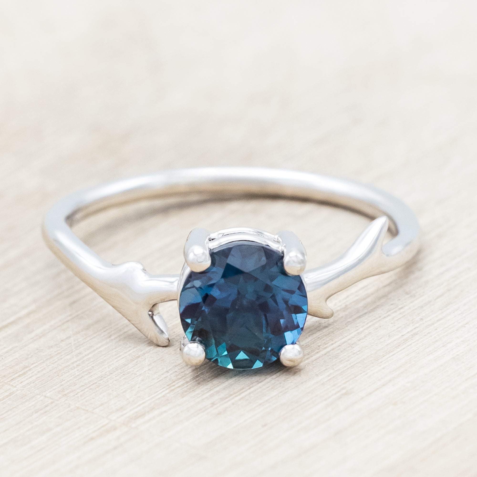 "Artemis" - Round Cut Lab-Grown Alexandrite Engagement Ring With An Antler-Style Band
