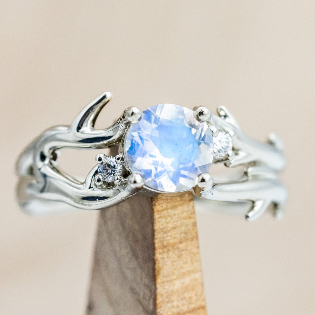 "ARTEMIS" - ROUND CUT MOONSTONE ENGAGEMENT RING WITH ANTLER-STYLE BAND & DIAMOND ACCENTS-Staghead Designs