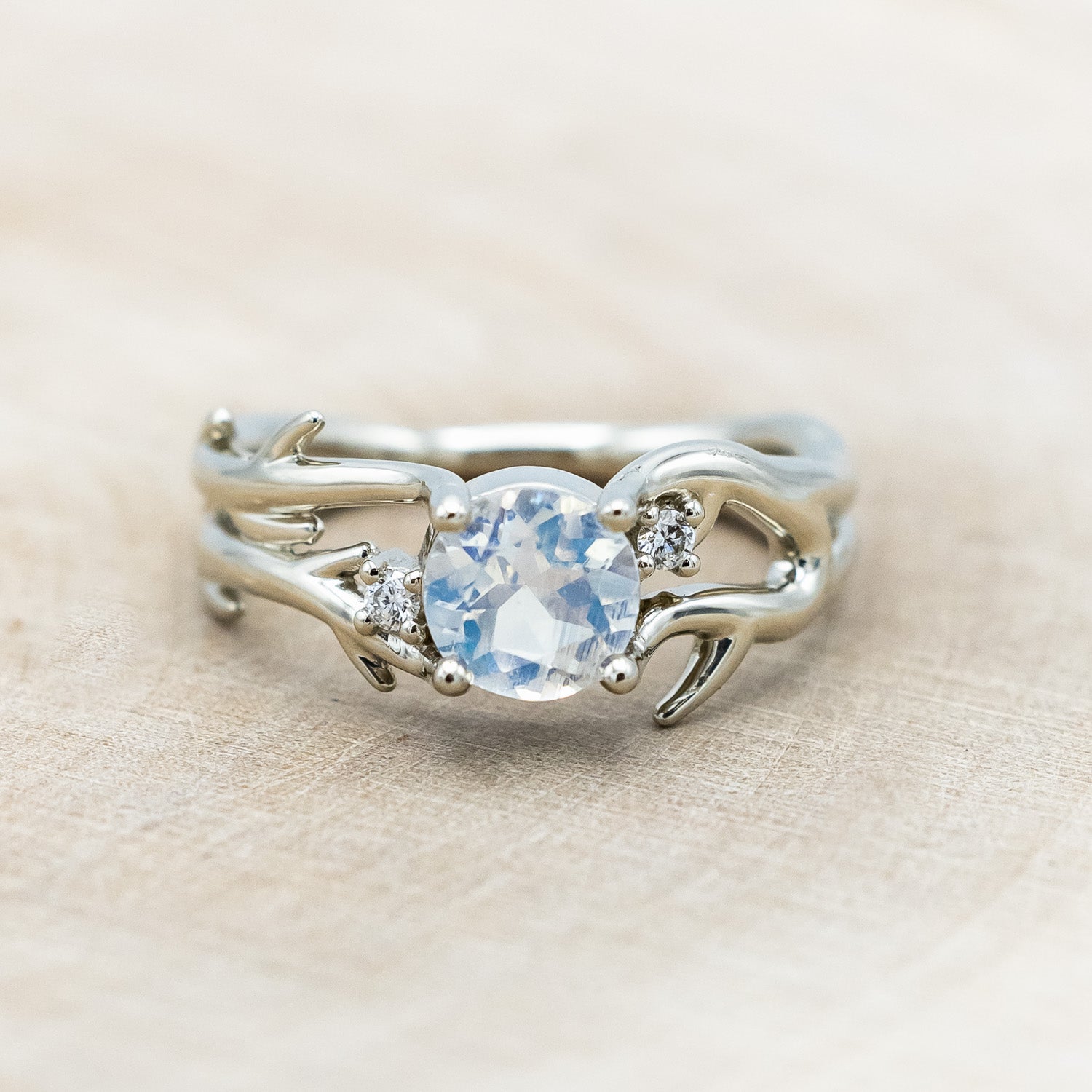 "ARTEMIS" - ROUND CUT MOONSTONE ENGAGEMENT RING WITH ANTLER-STYLE BAND & DIAMOND ACCENTS-Staghead Designs