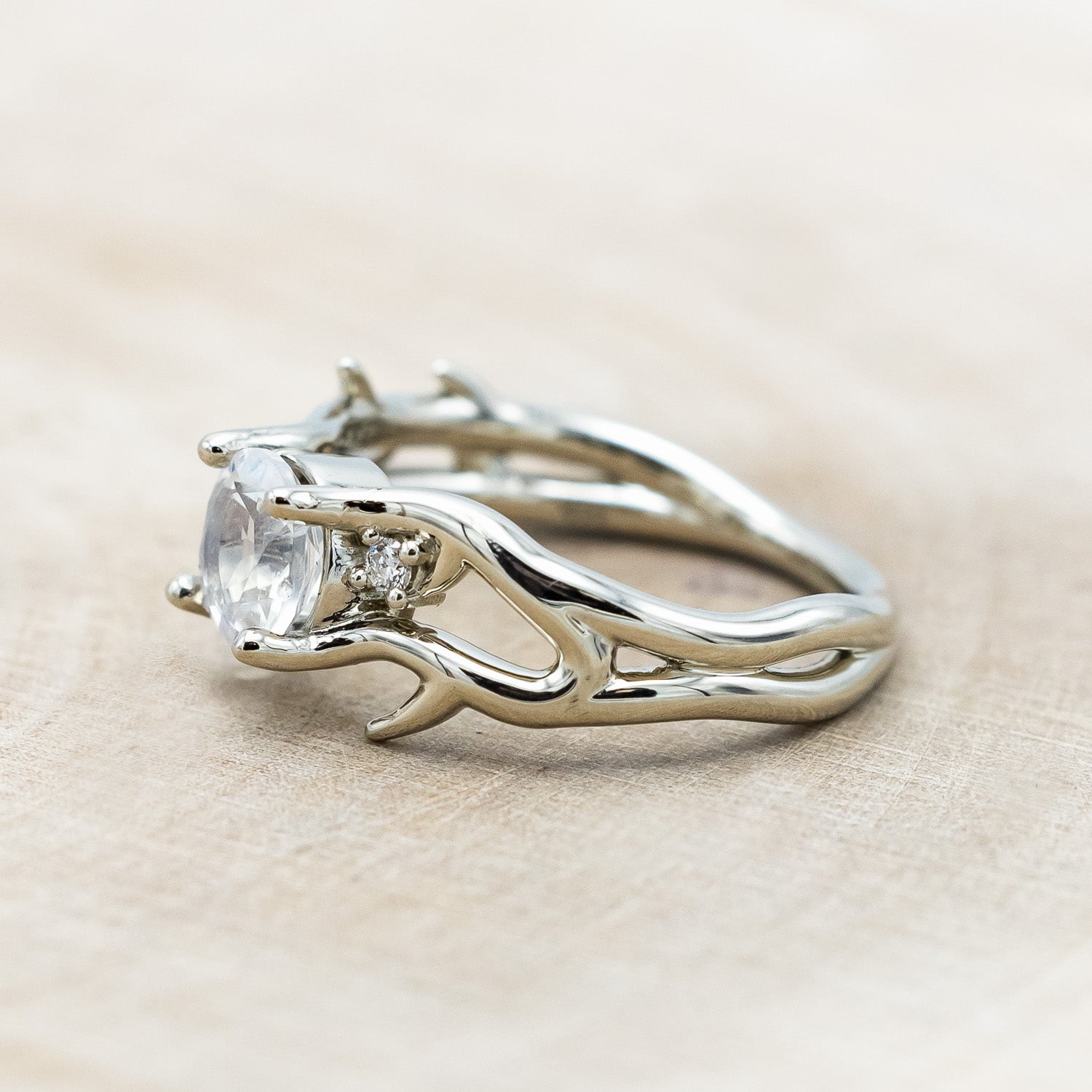 "ARTEMIS" - ROUND CUT MOONSTONE ENGAGEMENT RING WITH ANTLER-STYLE BAND & DIAMOND ACCENTS-Staghead Designs