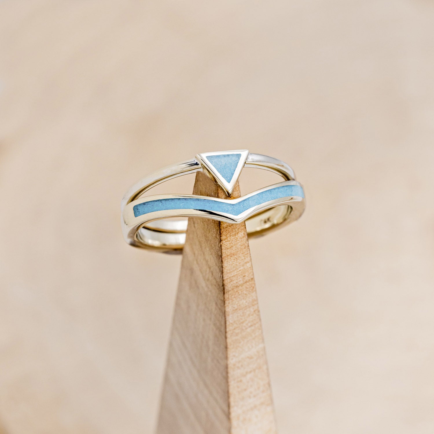 "ATLANTIS" - TRIANGLE TURQUOISE ENGAGEMENT RING WITH V-SHAPED TURQUOISE TRACER-19