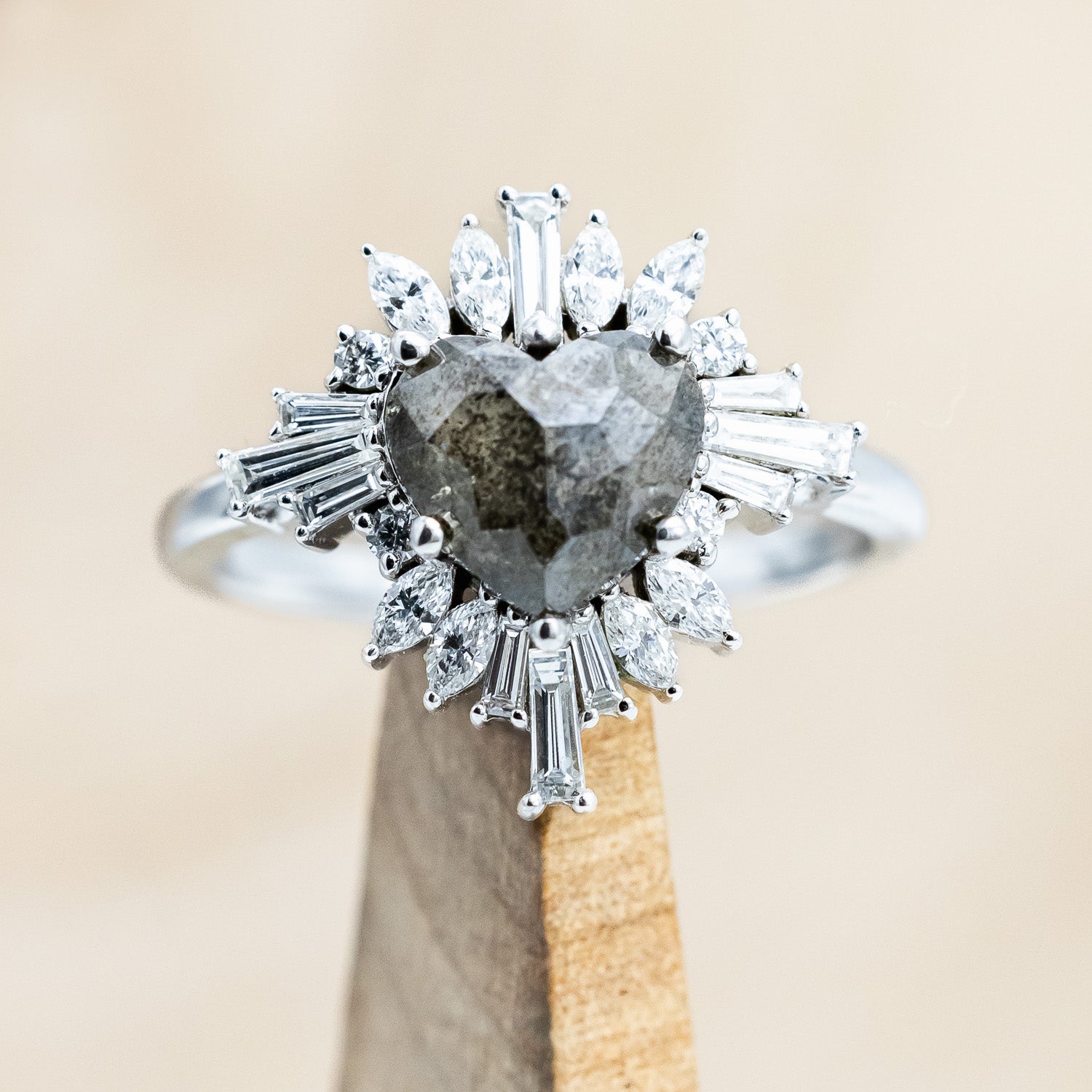"Autumn" - women's engagement ring with heart cut salt & pepper diamond and diamond halo in 14K white gold