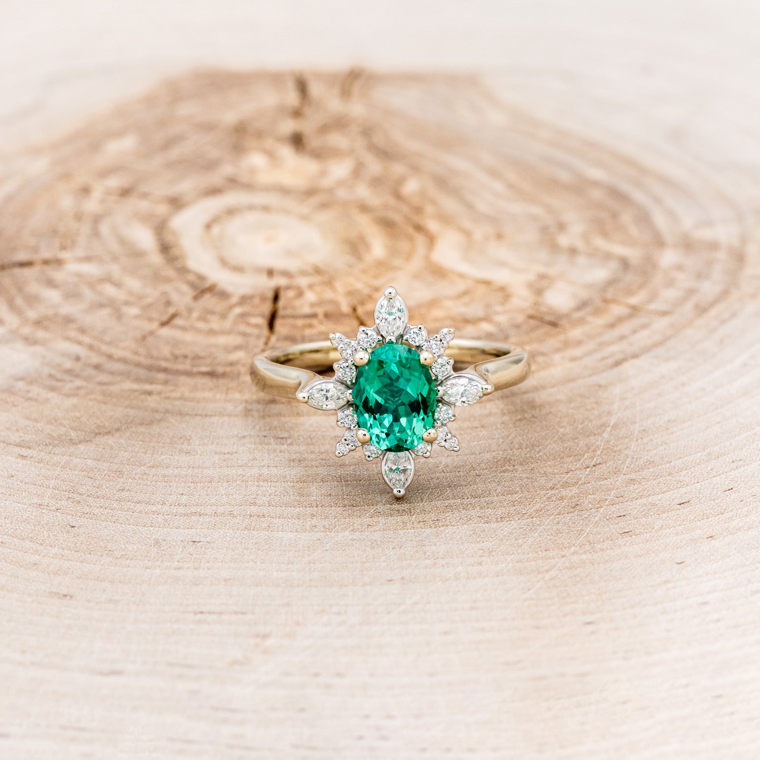 "AZALEA" - OVAL LAB-GROWN EMERALD ENGAGEMENT RING WITH DIAMOND HALO-18