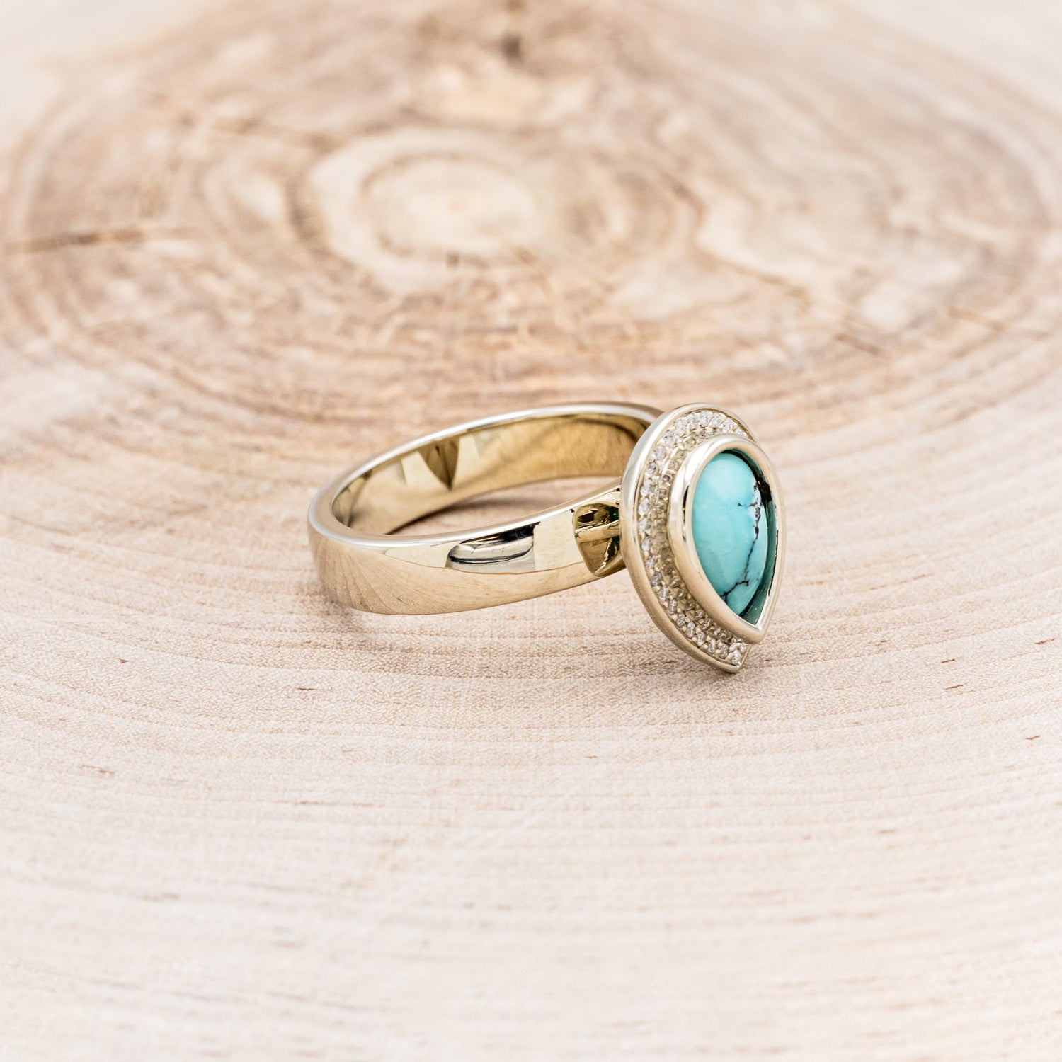 WIDE BAND TURQUOISE ENGAGEMENT RING WITH DIAMOND HALO-2