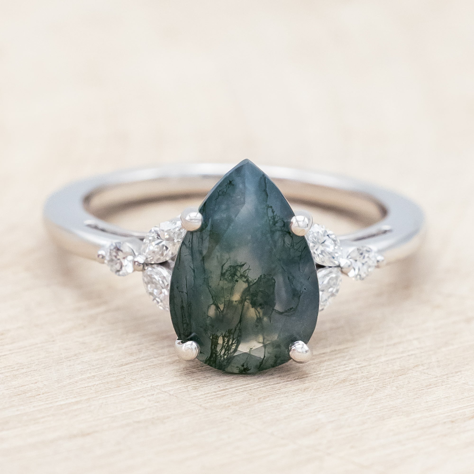 "BLOSSOM" - PEAR CUT MOSS AGATE ENGAGEMENT RING WITH DIAMOND ACCENTS-Staghead Designs