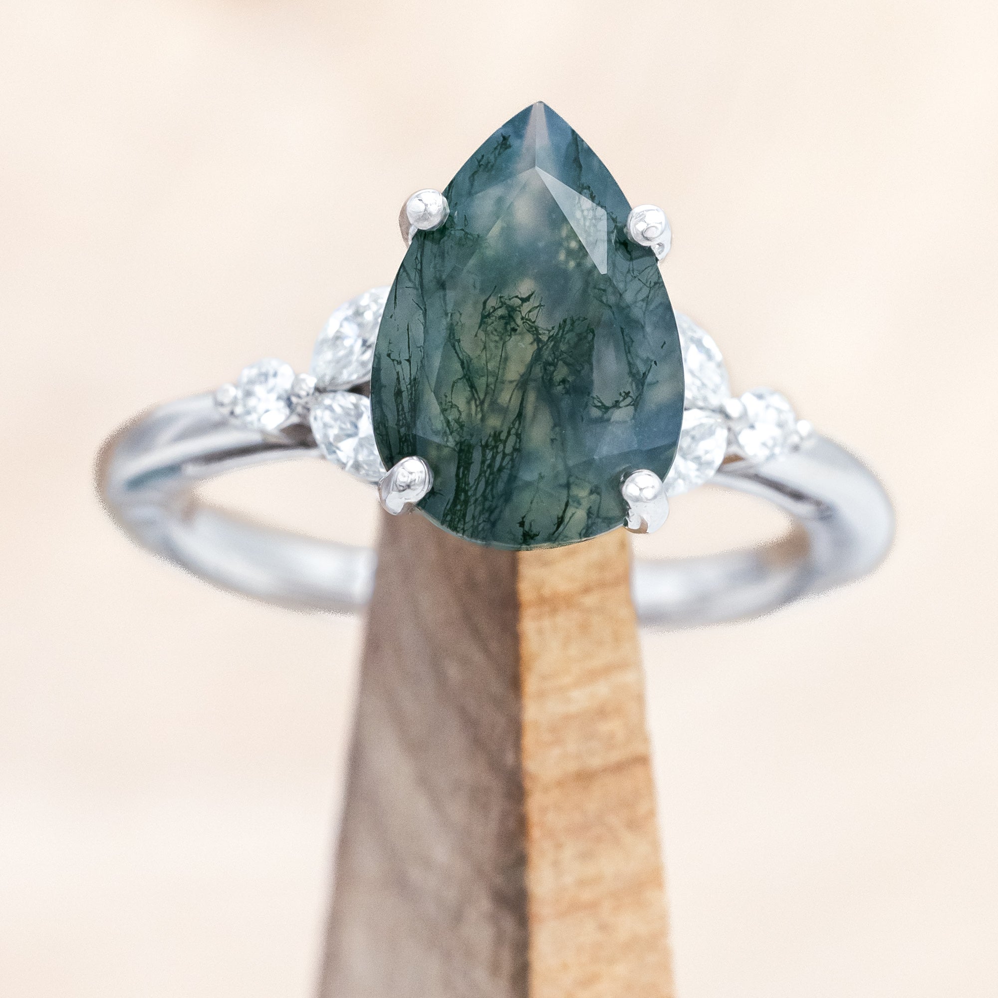 "BLOSSOM" - PEAR CUT MOSS AGATE ENGAGEMENT RING WITH DIAMOND ACCENTS-Staghead Designs