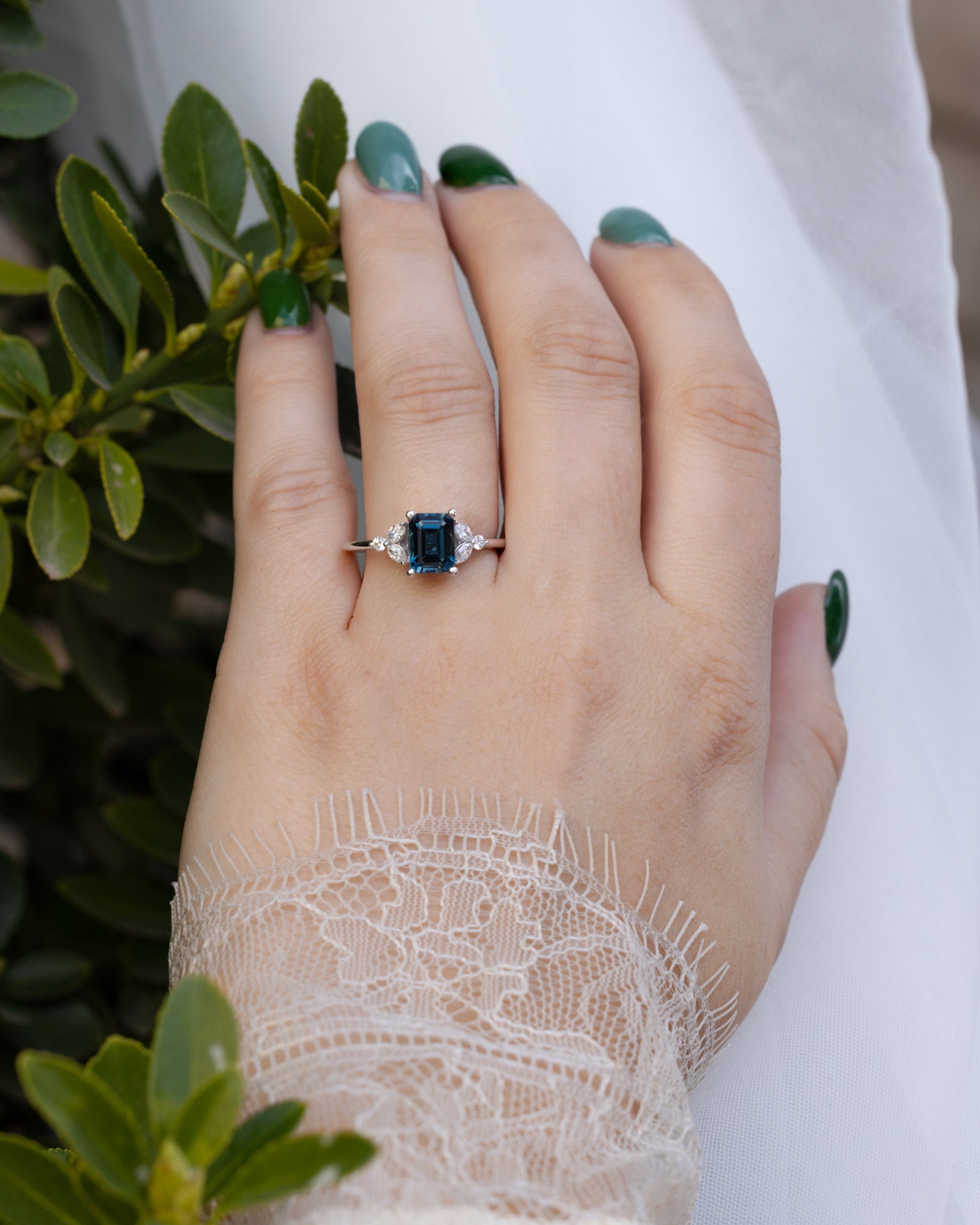 "BLOSSOM" - EMERALD CUT BLUE TOPAZ ENGAGEMENT RING WITH DIAMOND ACCENTS-Staghead Designs