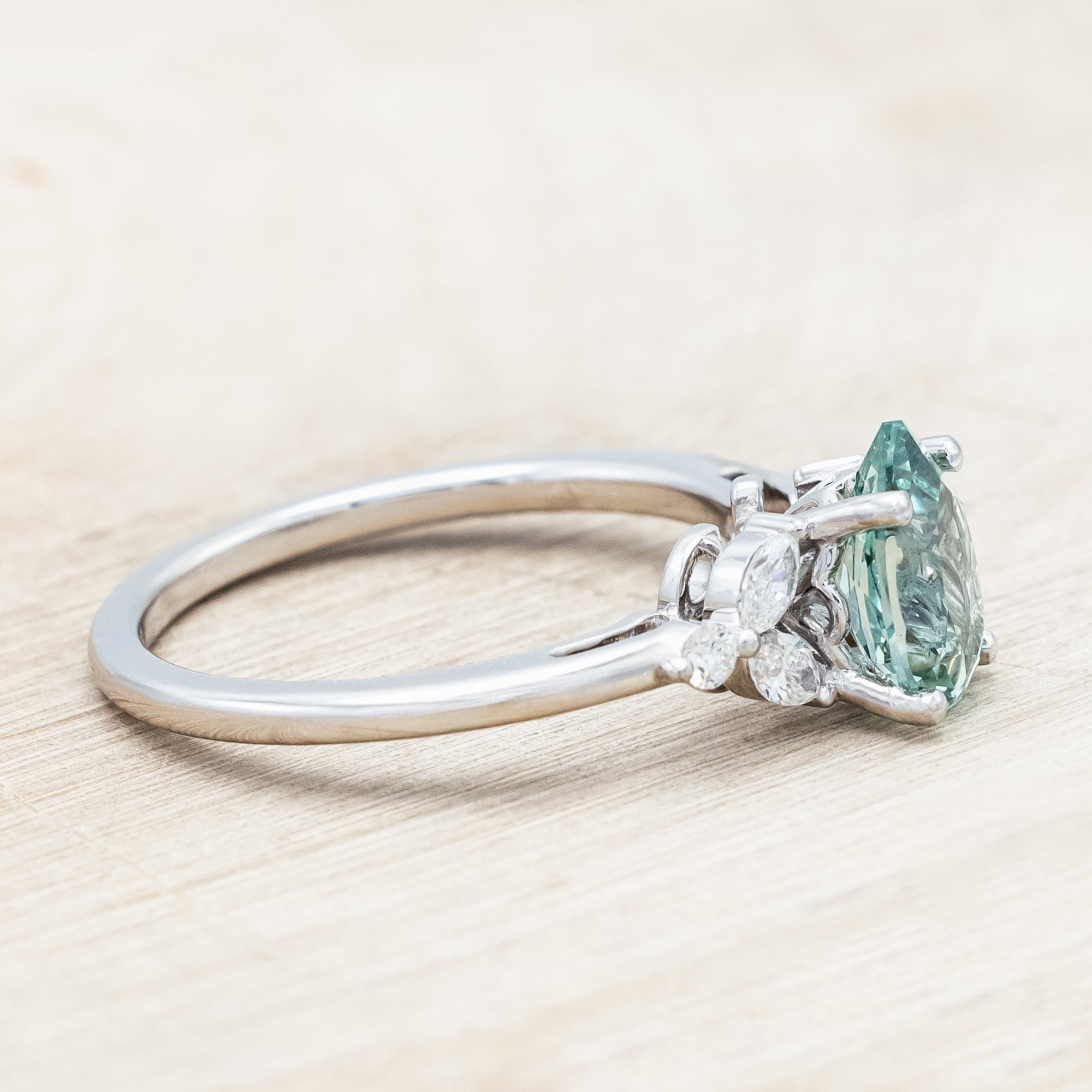 "BLOSSOM" - PEAR CUT LAB-GROWN GREEN SAPPHIRE ENGAGEMENT RING WITH DIAMOND ACCENTS-Staghead Designs